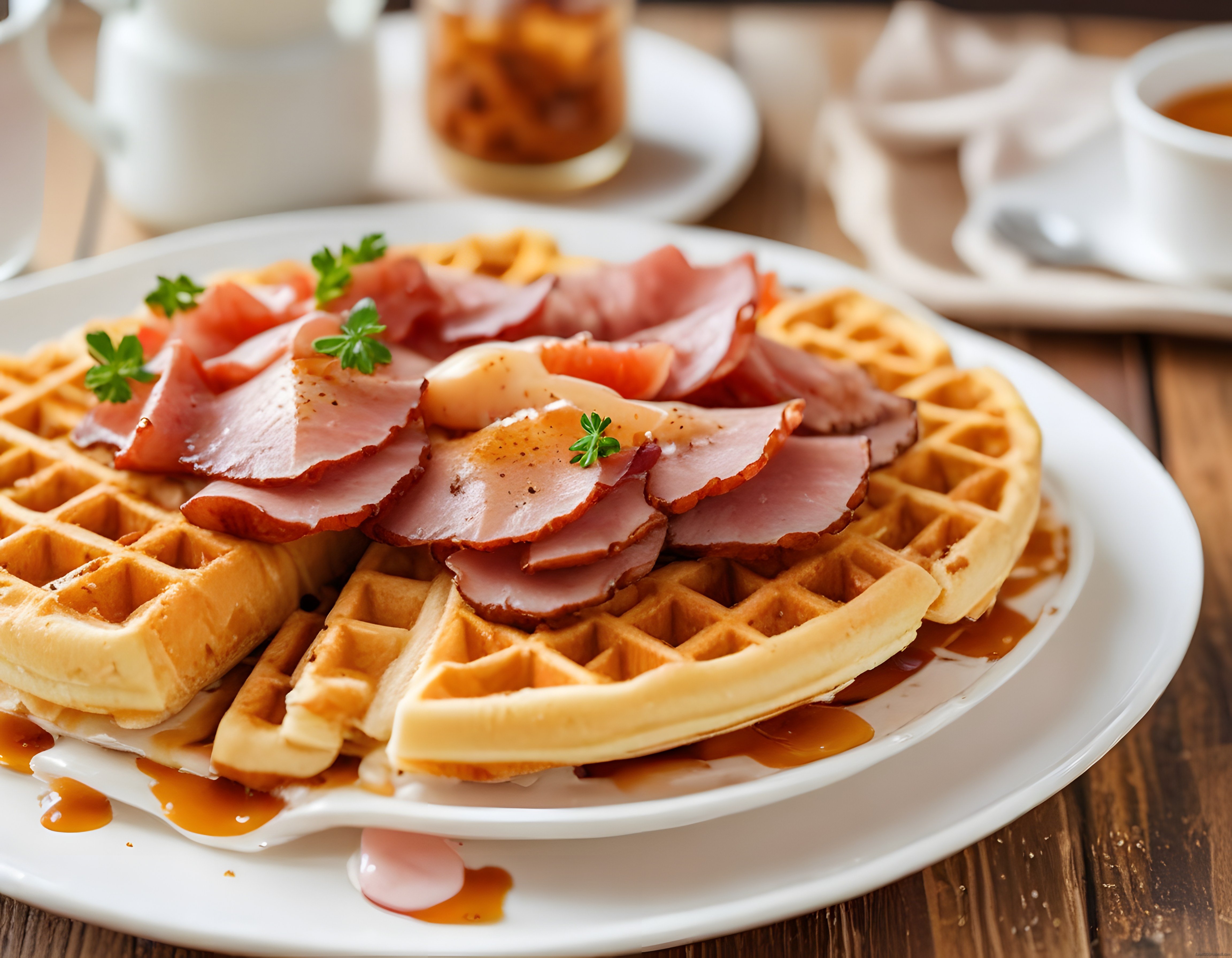 Sıcacık Waffle Üzerinde Jambon ve Akçaağaç Şurubu Kahvaltı Keyfi