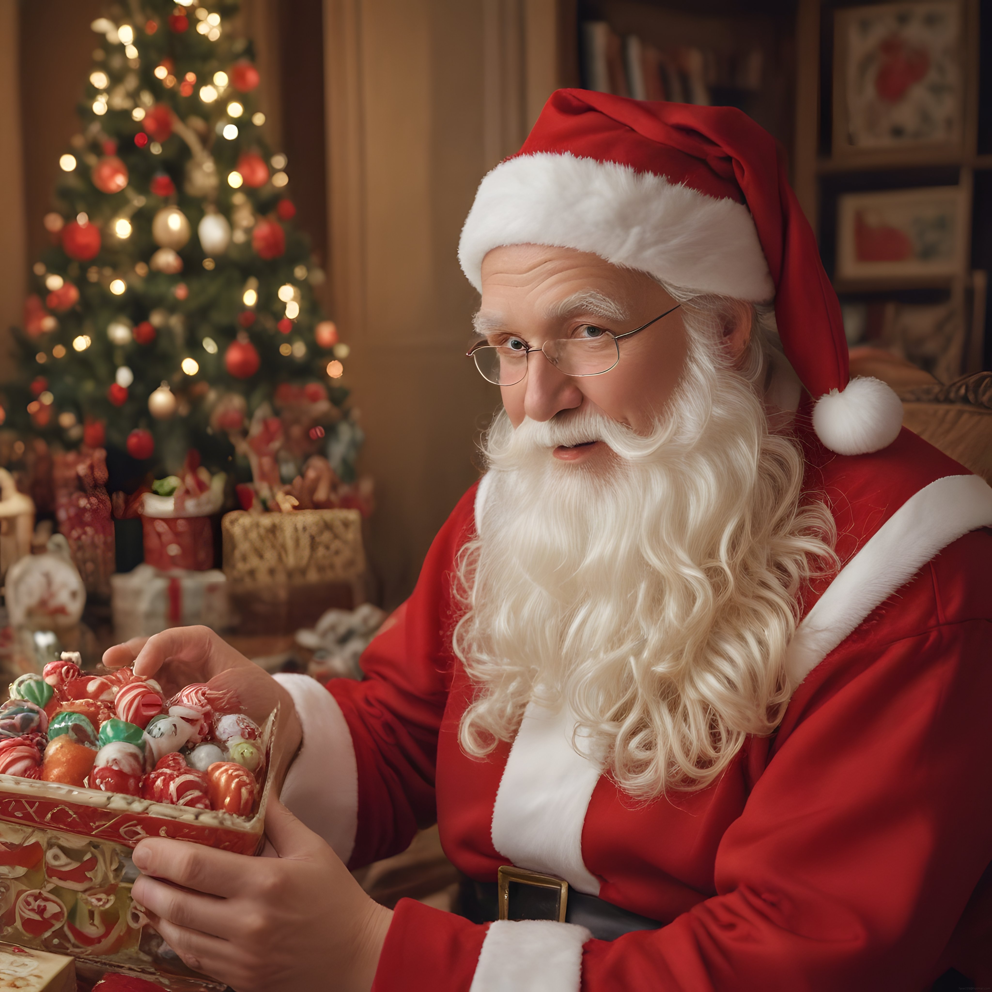 Sıcacık Yılbaşı Atmosferinde Renkli Şekerler Sunan Güleryüzlü Noel Baba