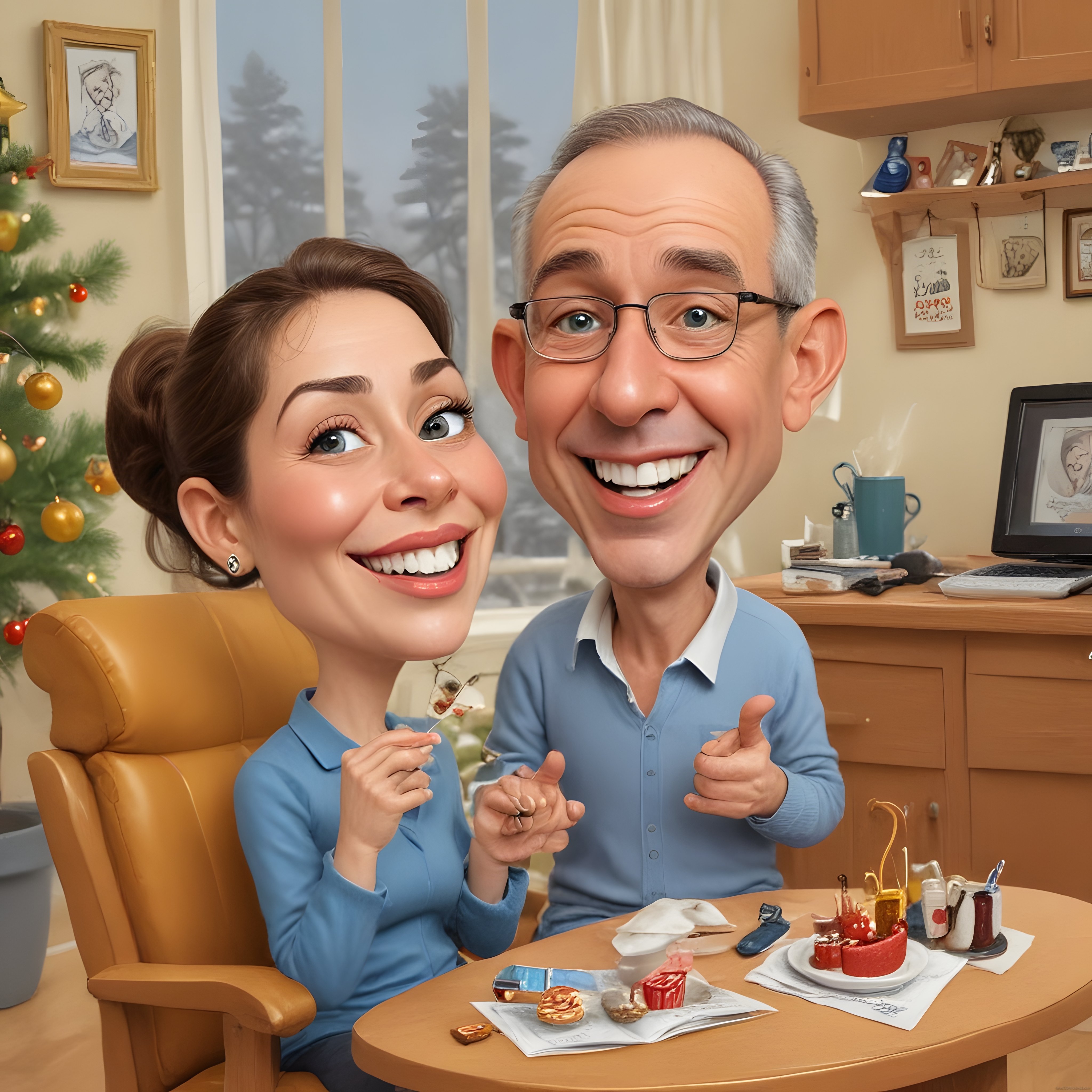 Sıcacık Yılbaşı Atmosferinde Tatlı Yiyen Mutlu Çiftin 3D Karikatür Portresi