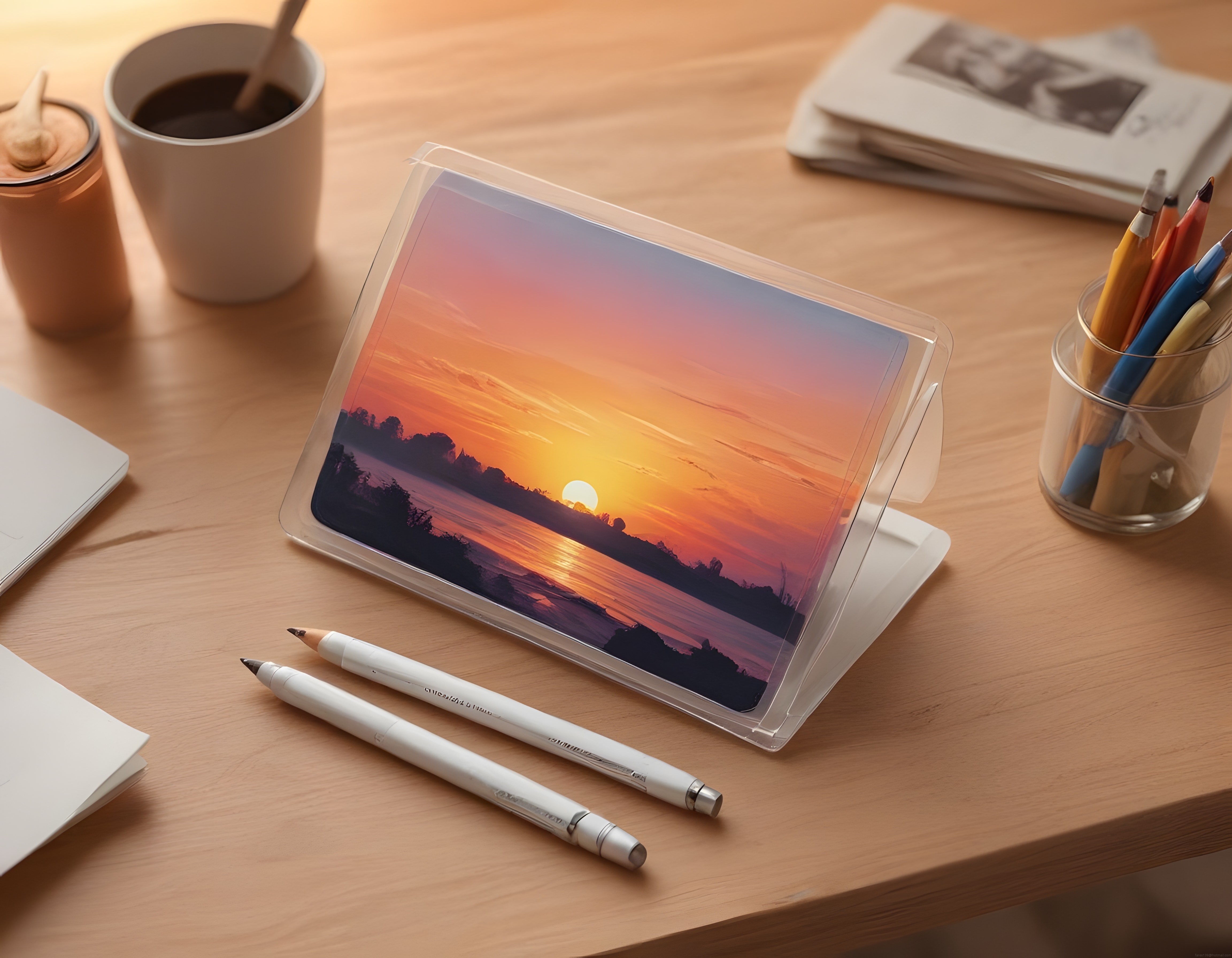 Sıcak Ahşap Masada Tablet ile Göl Kenarı Gün Batımı ve Huzurlu Çalışma Ortamı