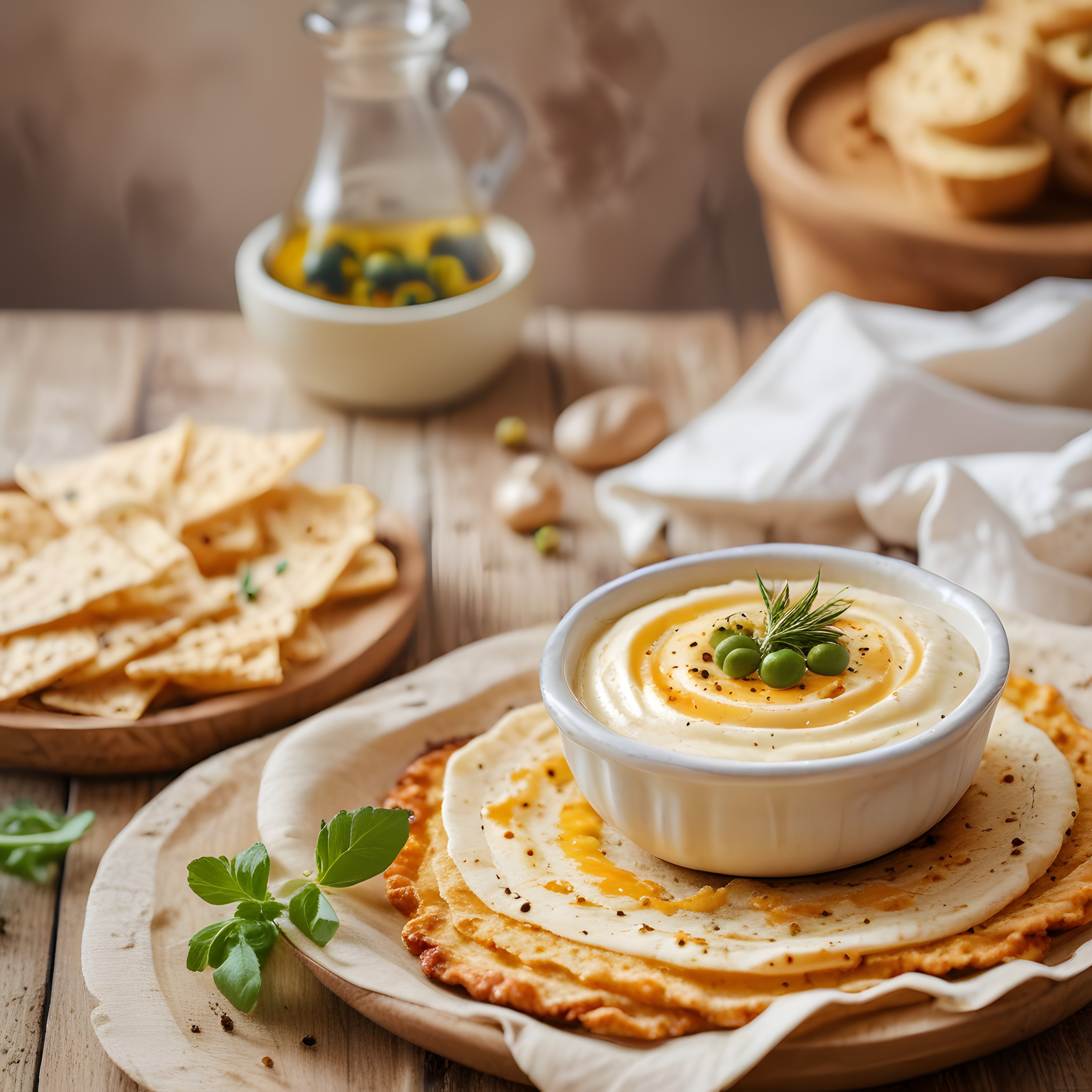 Sıcak Ahşap Tonlarda Zeytinyağlı Humus, Meze ve Atıştırmalık Tarif Sunumu