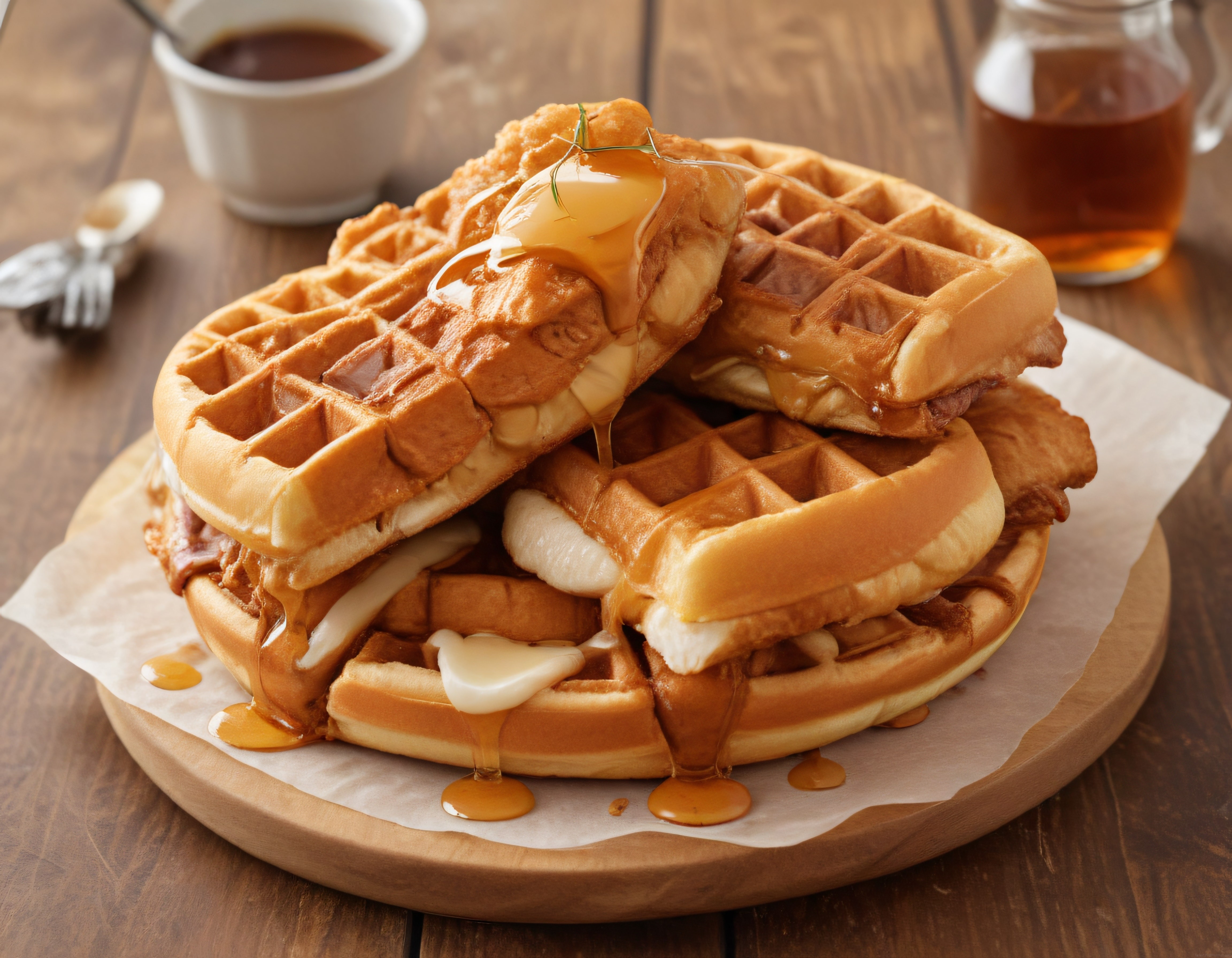Sıcak Akçaağaç Şurubu ve Tereyağıyla Servis Edilen Çıtır Waffle Kulesi