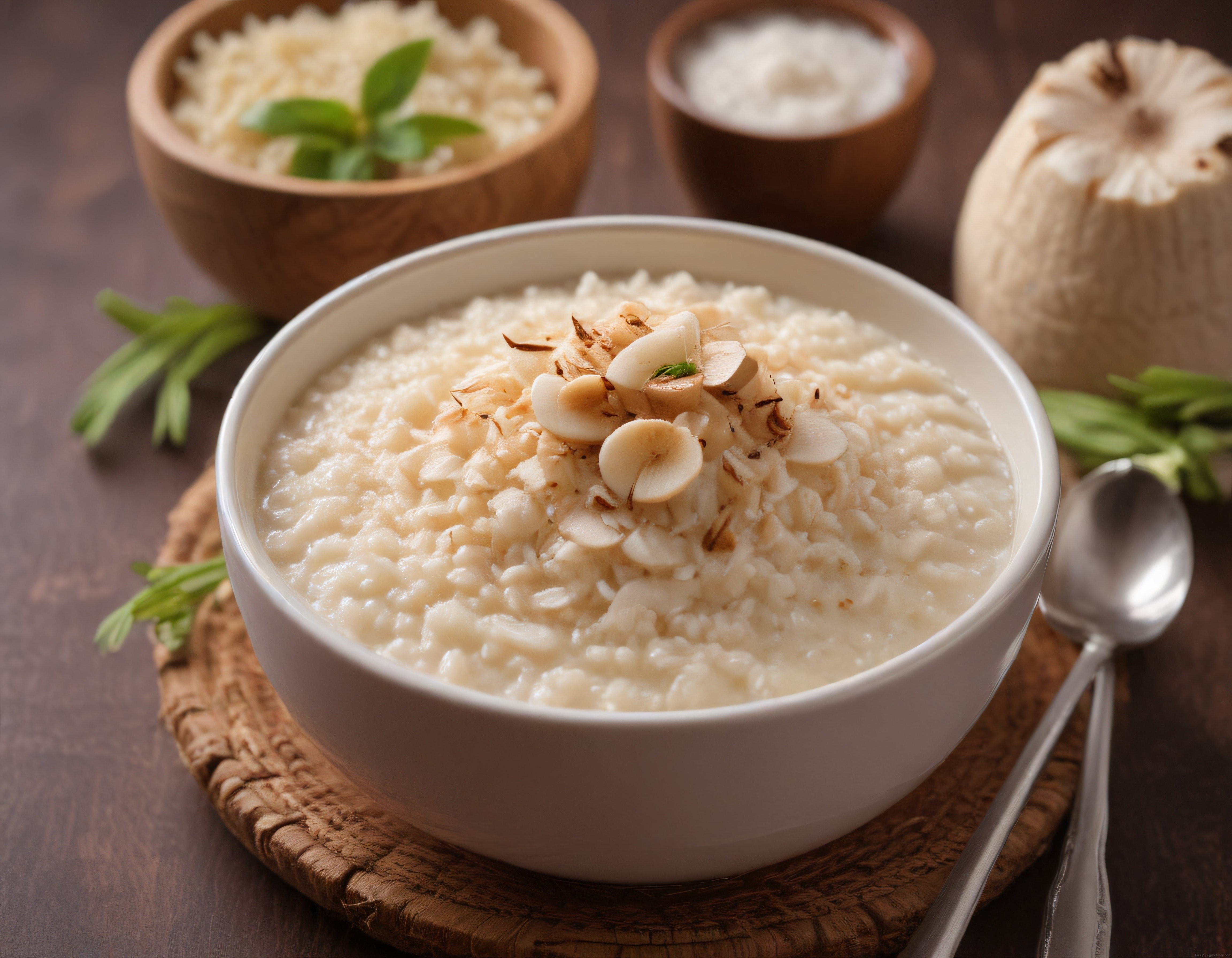 Sıcak Badem ve Taze Fesleğenle Süslenmiş Kremamsı Risotto Kasesi