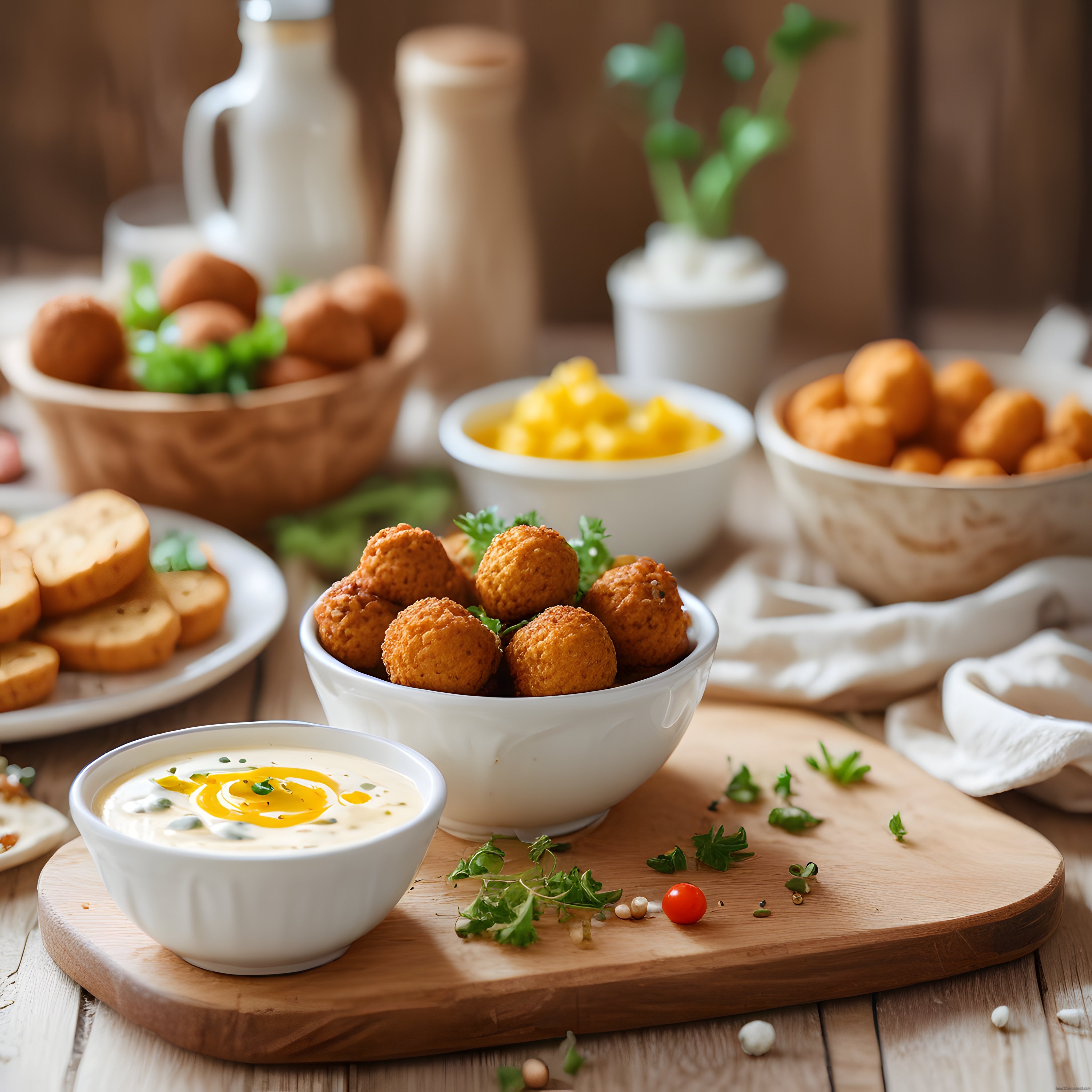 Sıcak Baharatlı Falafel Topları, Taze Ekmek ve Kremalı Dip Sos Eşliğinde
