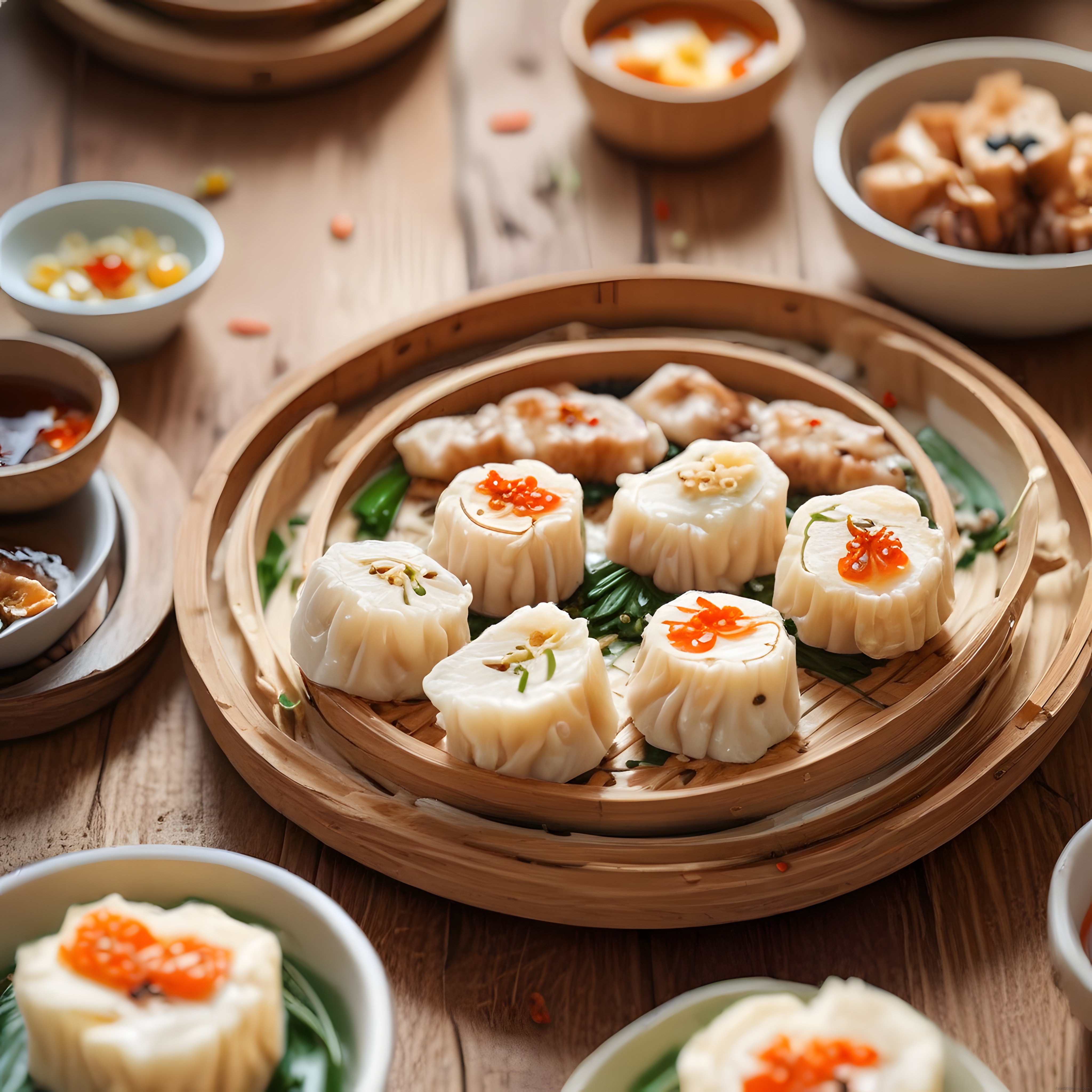 Sıcak Bambu Buharda Çin Mantısı Dim Sum ve Baharatlı Sos Eşlikleri