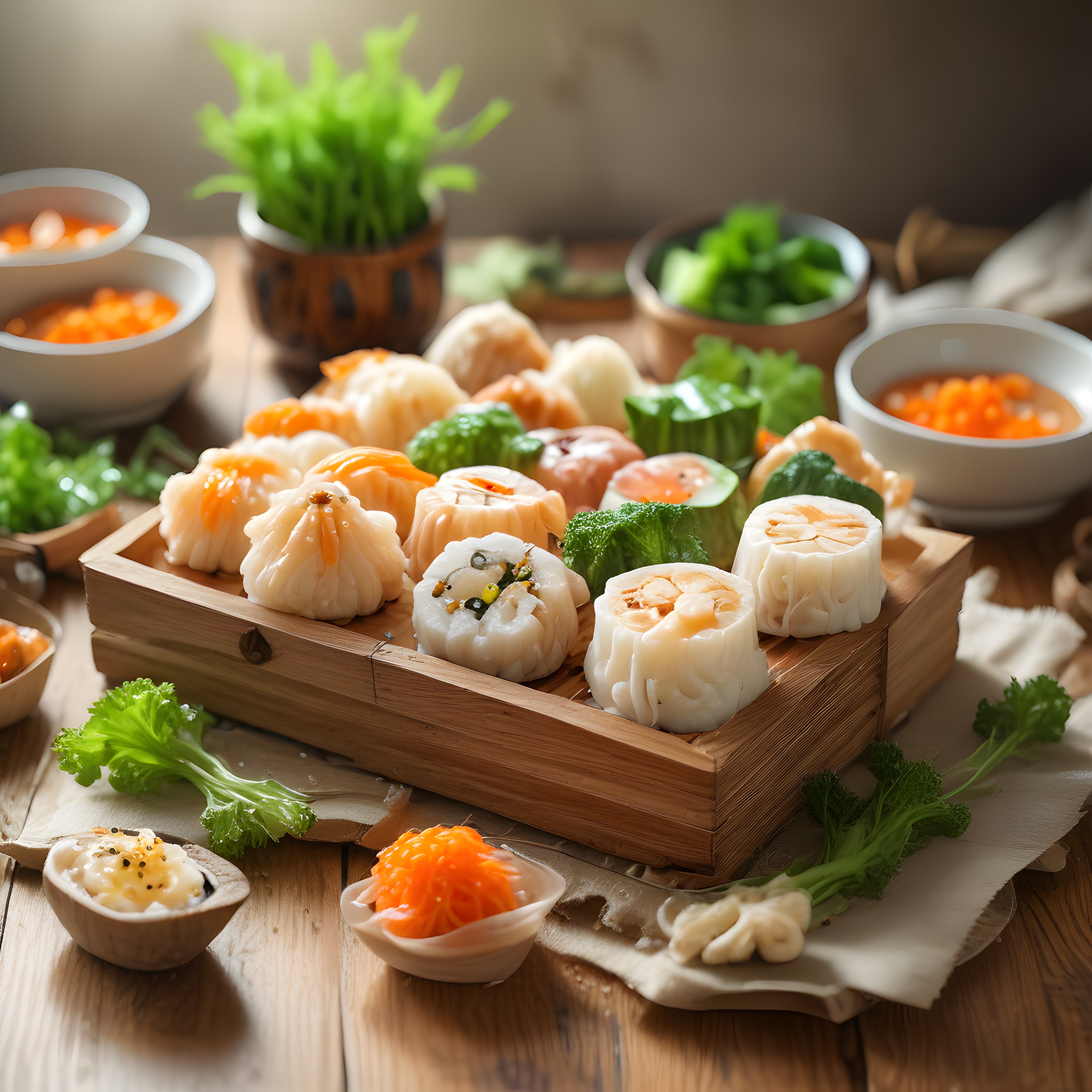 Sıcak Bambu Sepetinde Sunulan Geleneksel Dim Sum ve Çin Mantıları