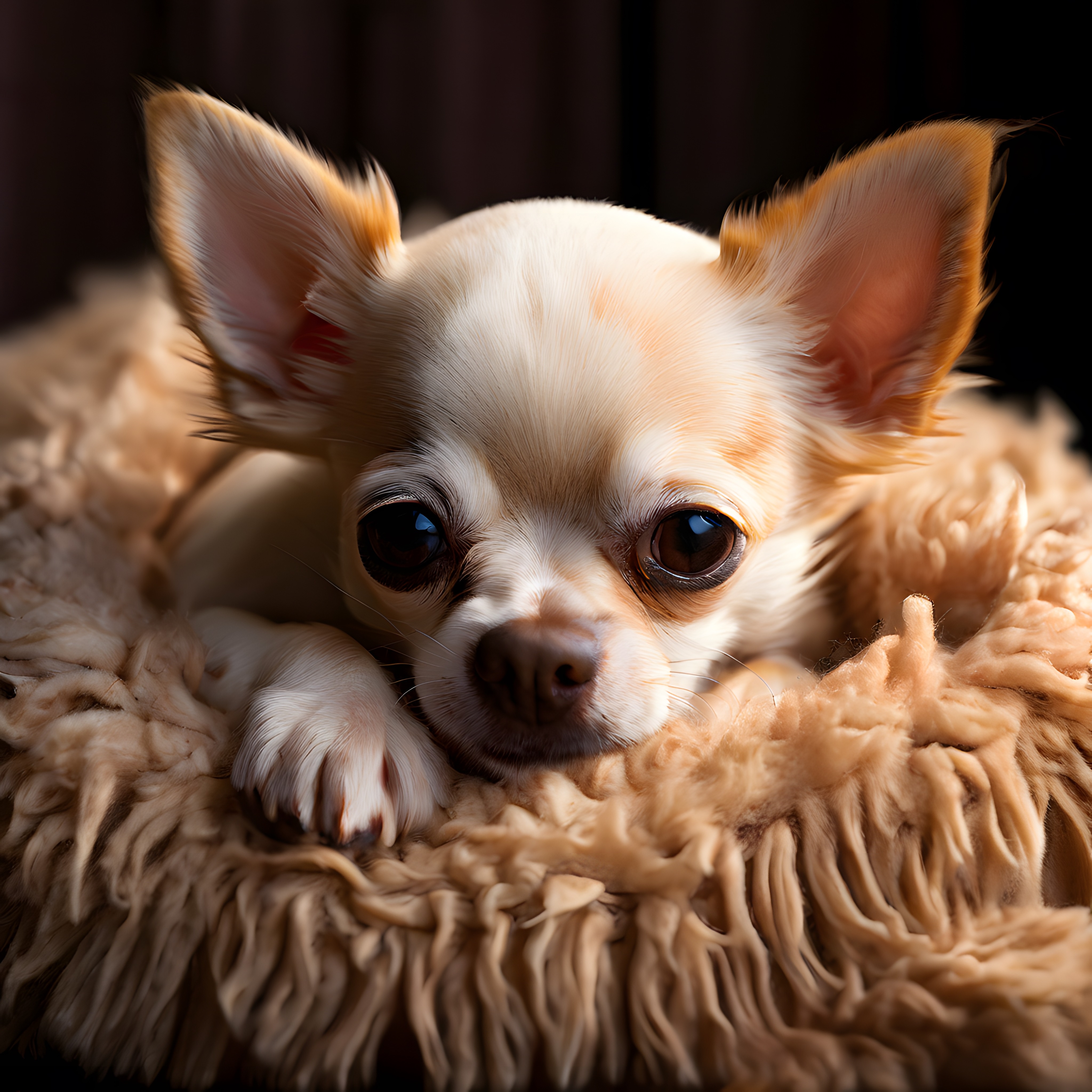 Sıcak bir battaniyede dinlenen sevimli uzun tüylü Chihuahua köpeği yakın plan portresi