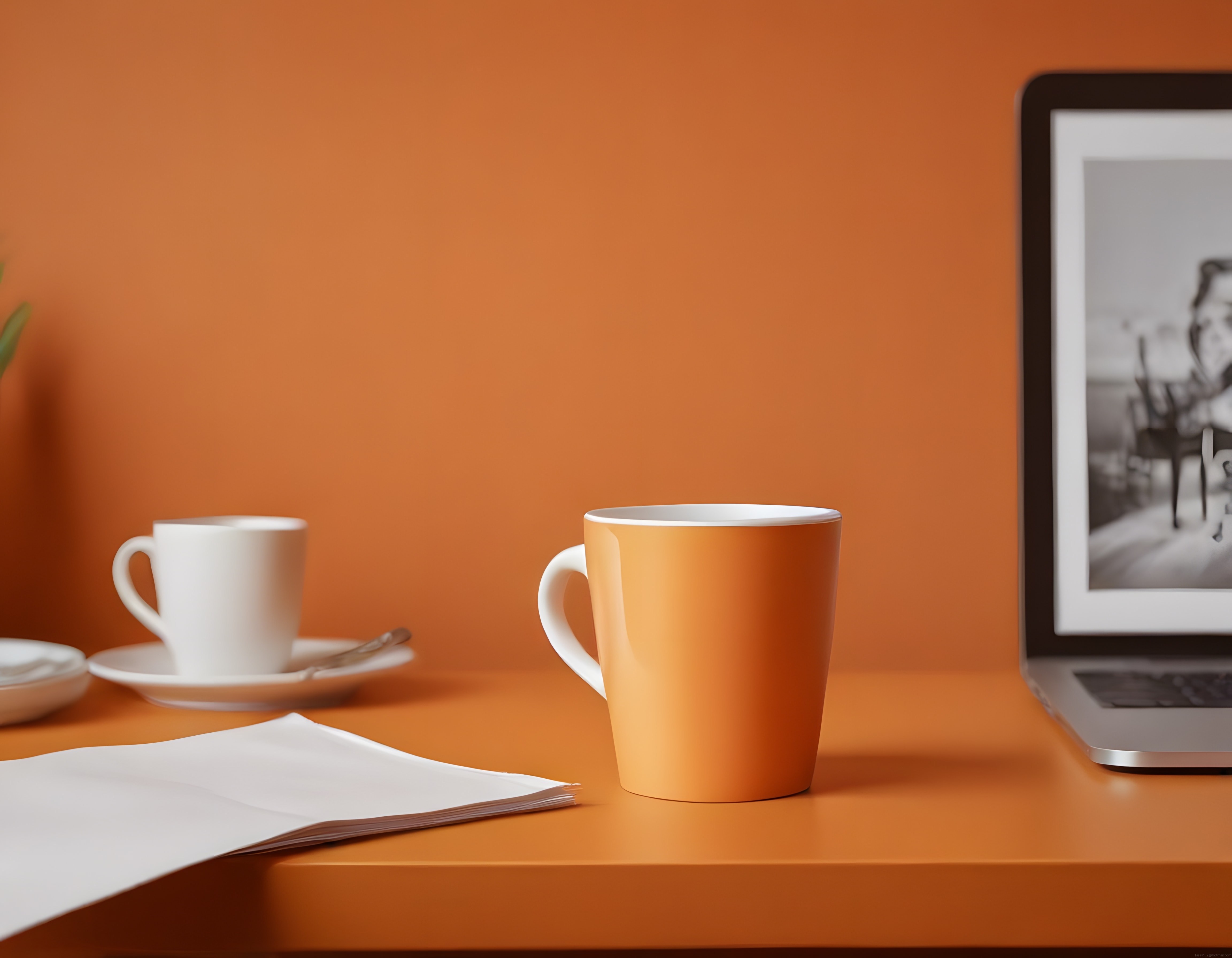 Sıcak bir kahve molası: Turuncu tonlarında laptop başında verimli çalışma anları