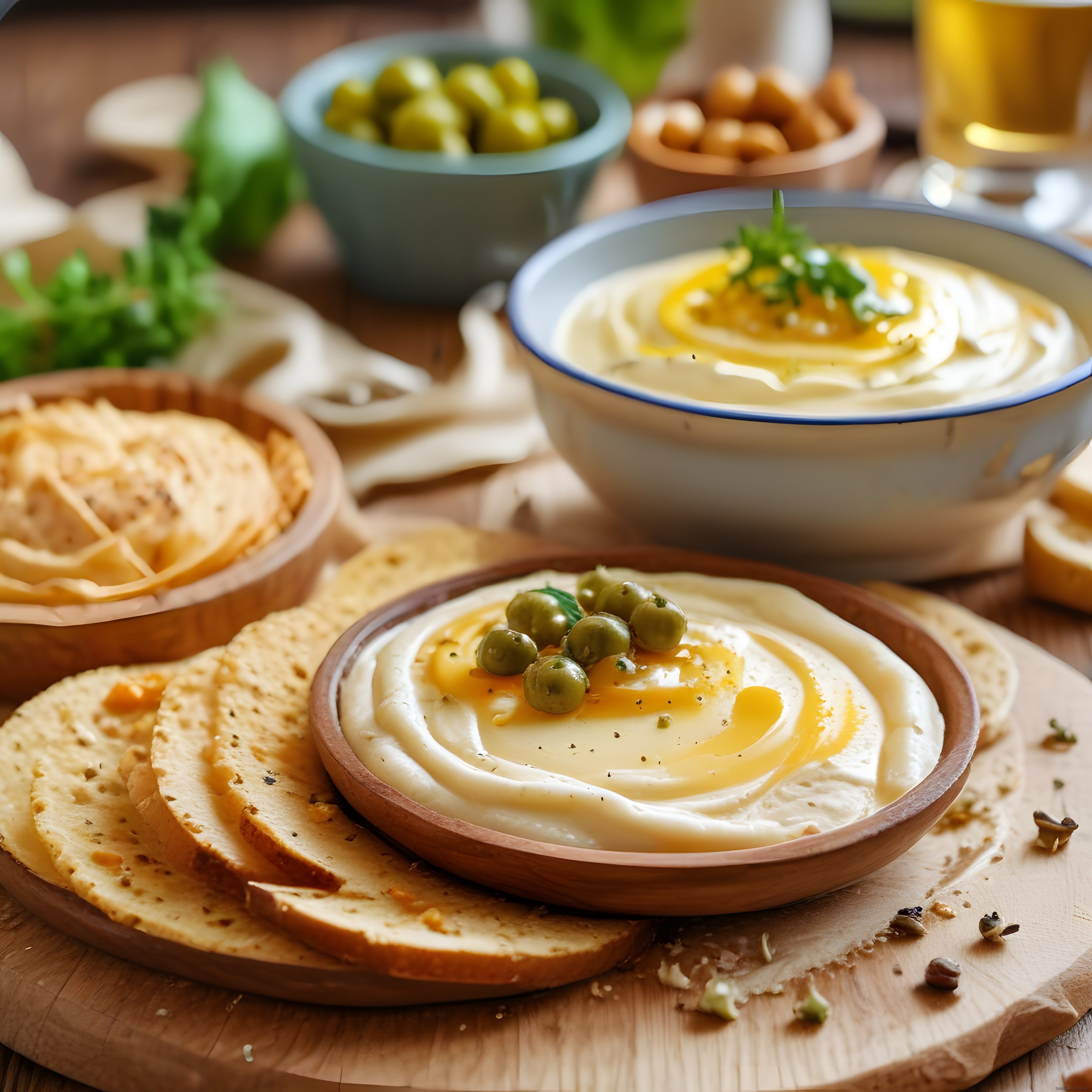 Sıcak Bir Rustik Masada Ev Yapımı Meze ve Kızarmış Ekmek Sunumu