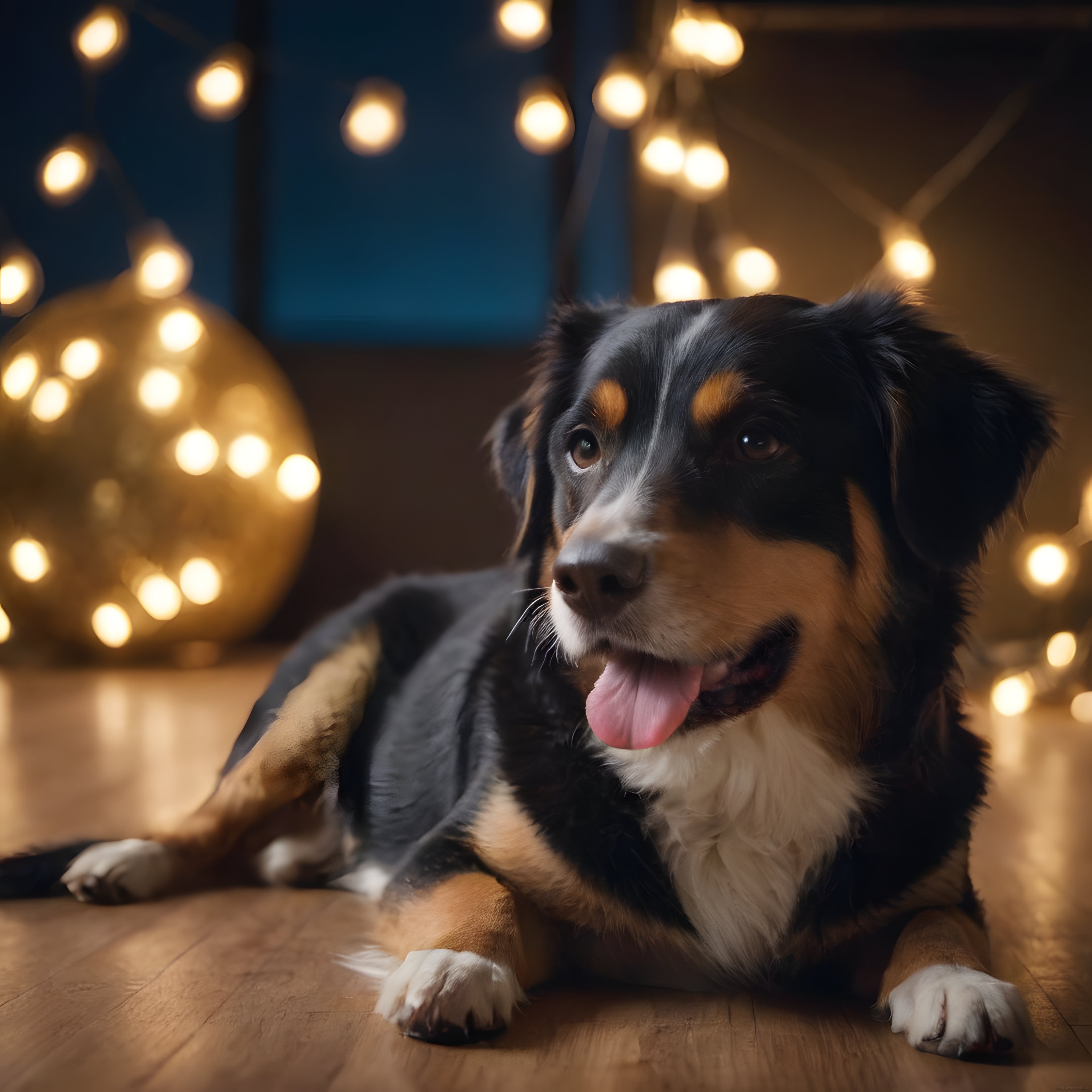 Sıcak Bokeh Işıkları Altında Yatan Sevimli Bernese Dağ Köpeği Portresi
