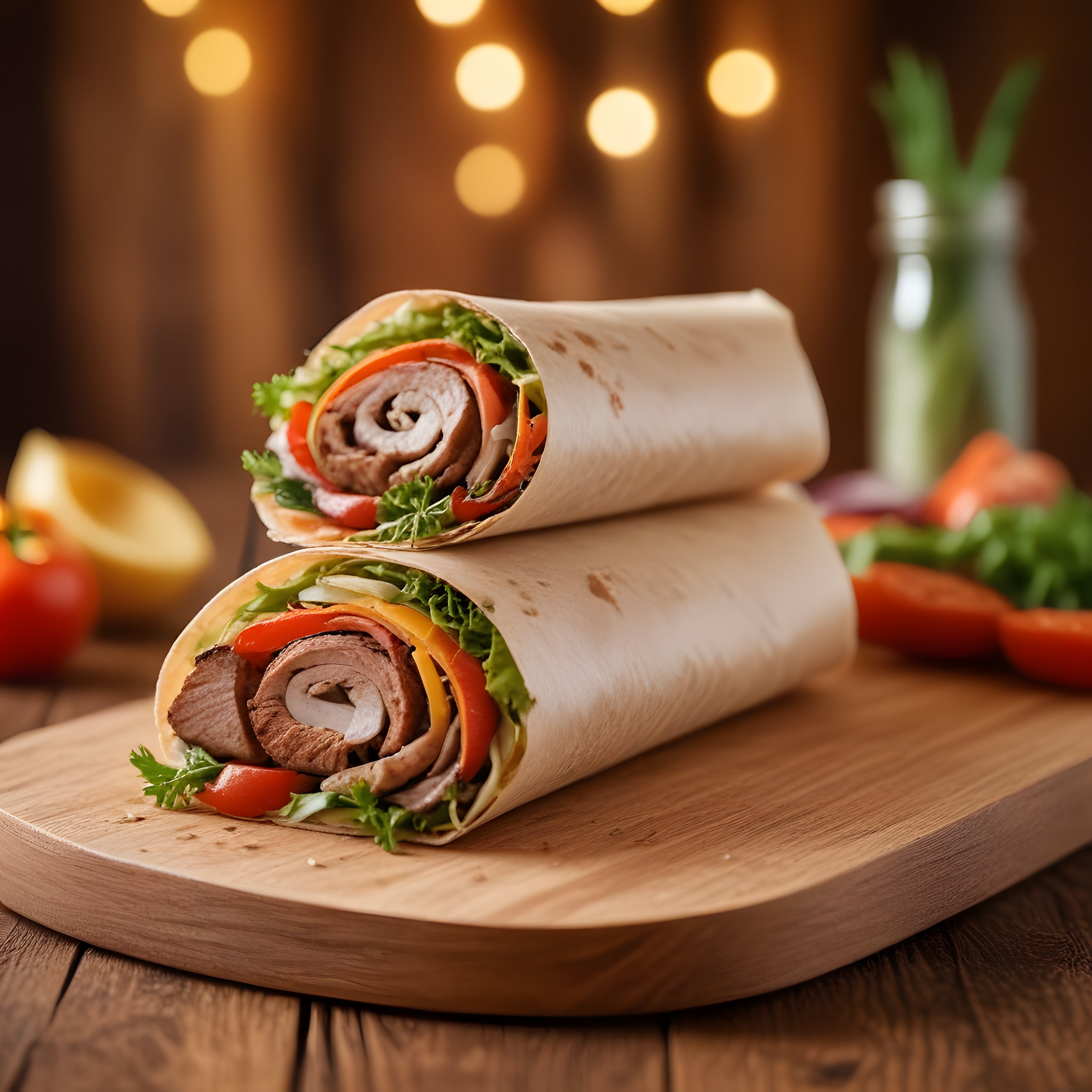 Sıcak Bokeh Işıklı Ahşap Mutfak Ortamında Gourmet Et ve Sebzeli Tortilla Wrap Sunumu
