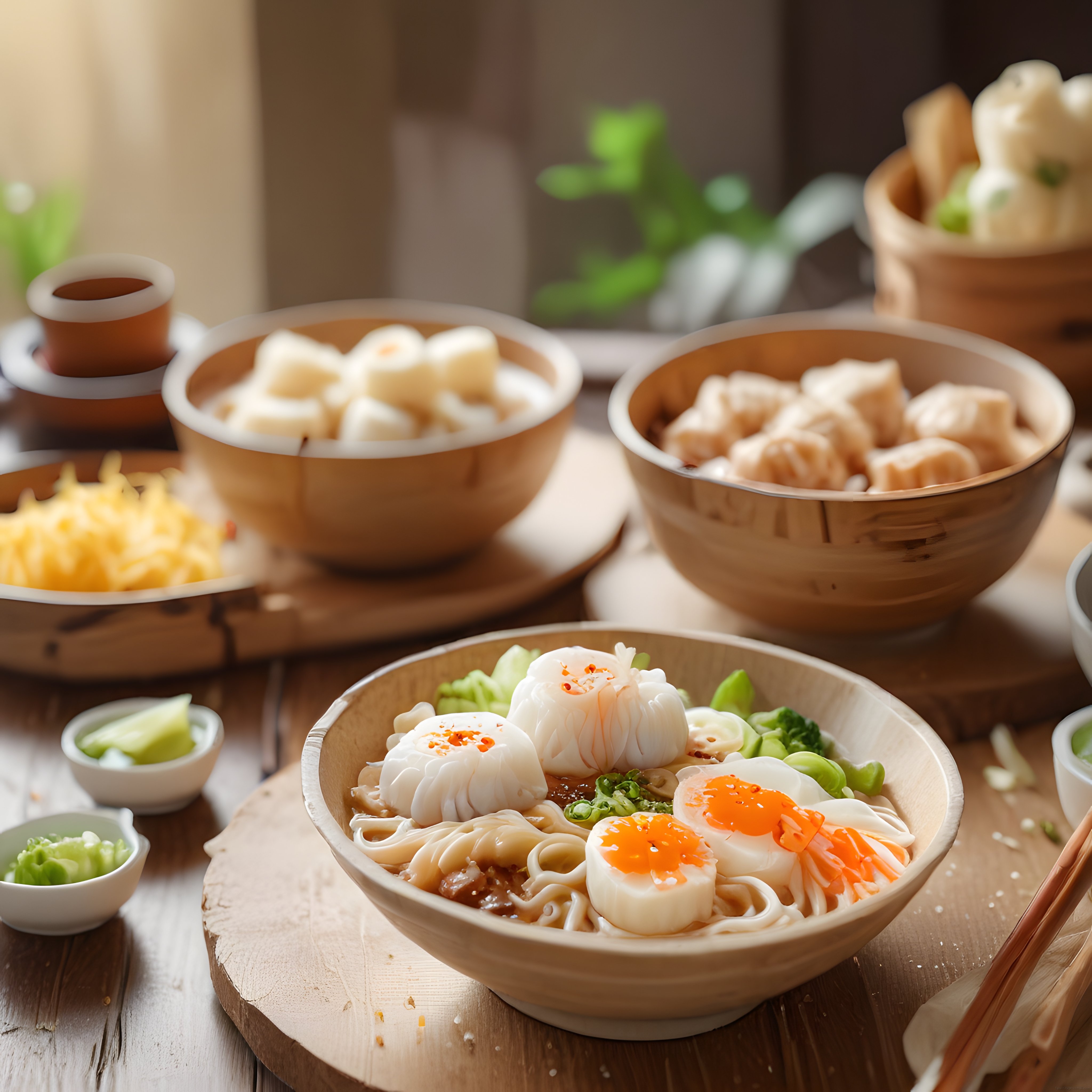 Sıcak Buğulanmış Dim Sum ve Yumurtalı Erişte Kasesiyle Asya Mutfağı Sunumu