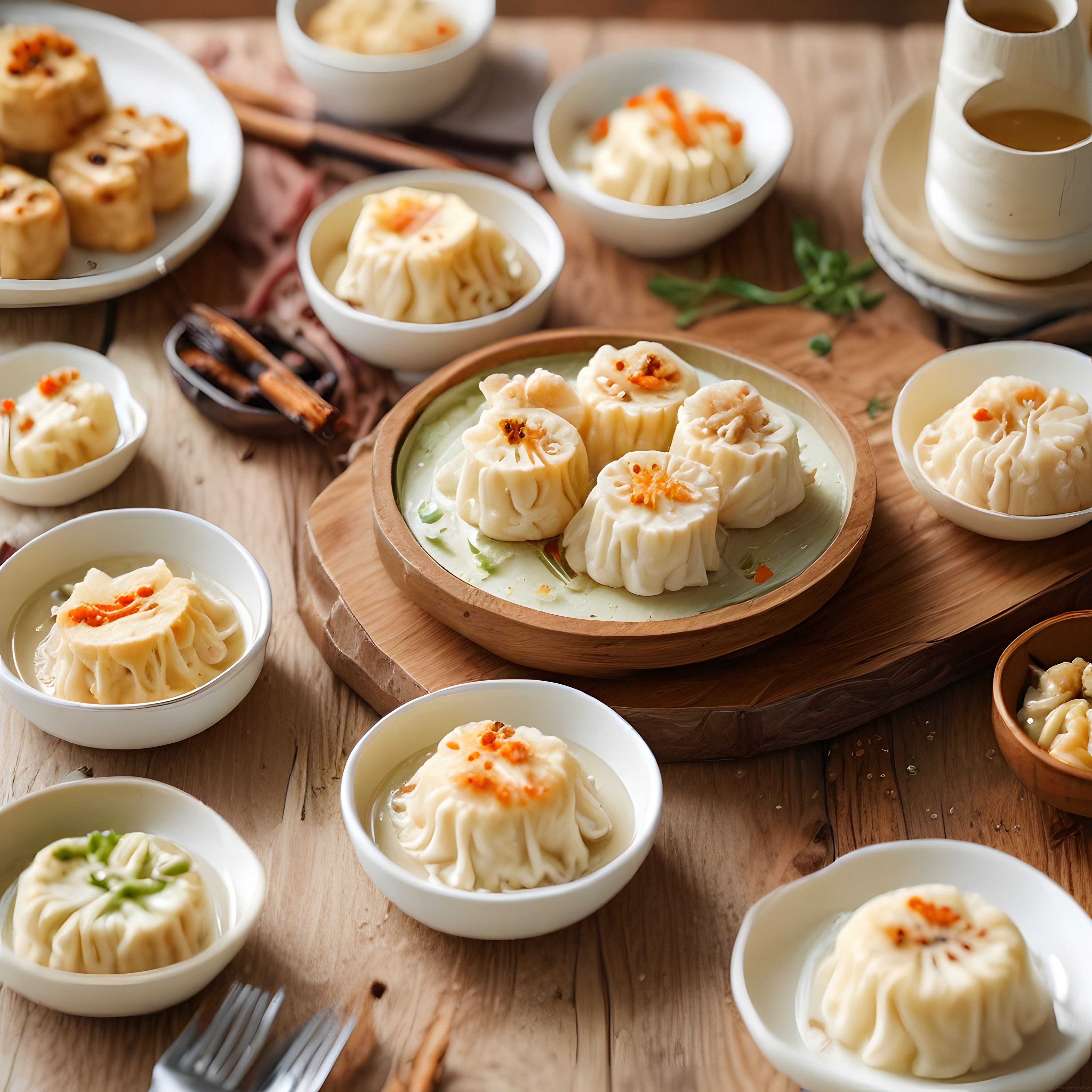 Sıcak Çay Eşliğinde Geleneksel Shumai ve Dim Sum Çeşitleri Sunumu