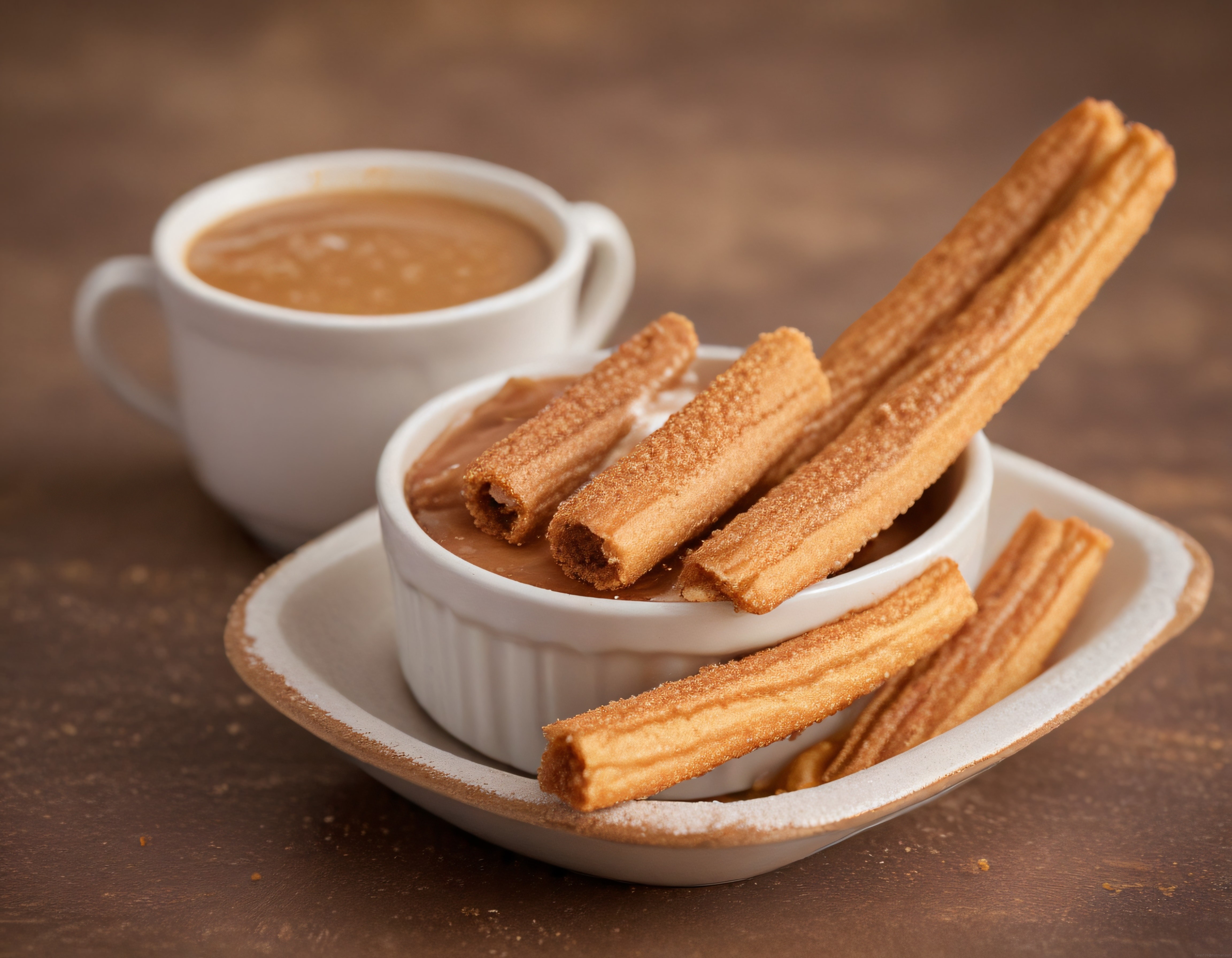 Sıcak churros, çikolata sosu ve kahve ile lezzet dolu rustik bir tatlı molası