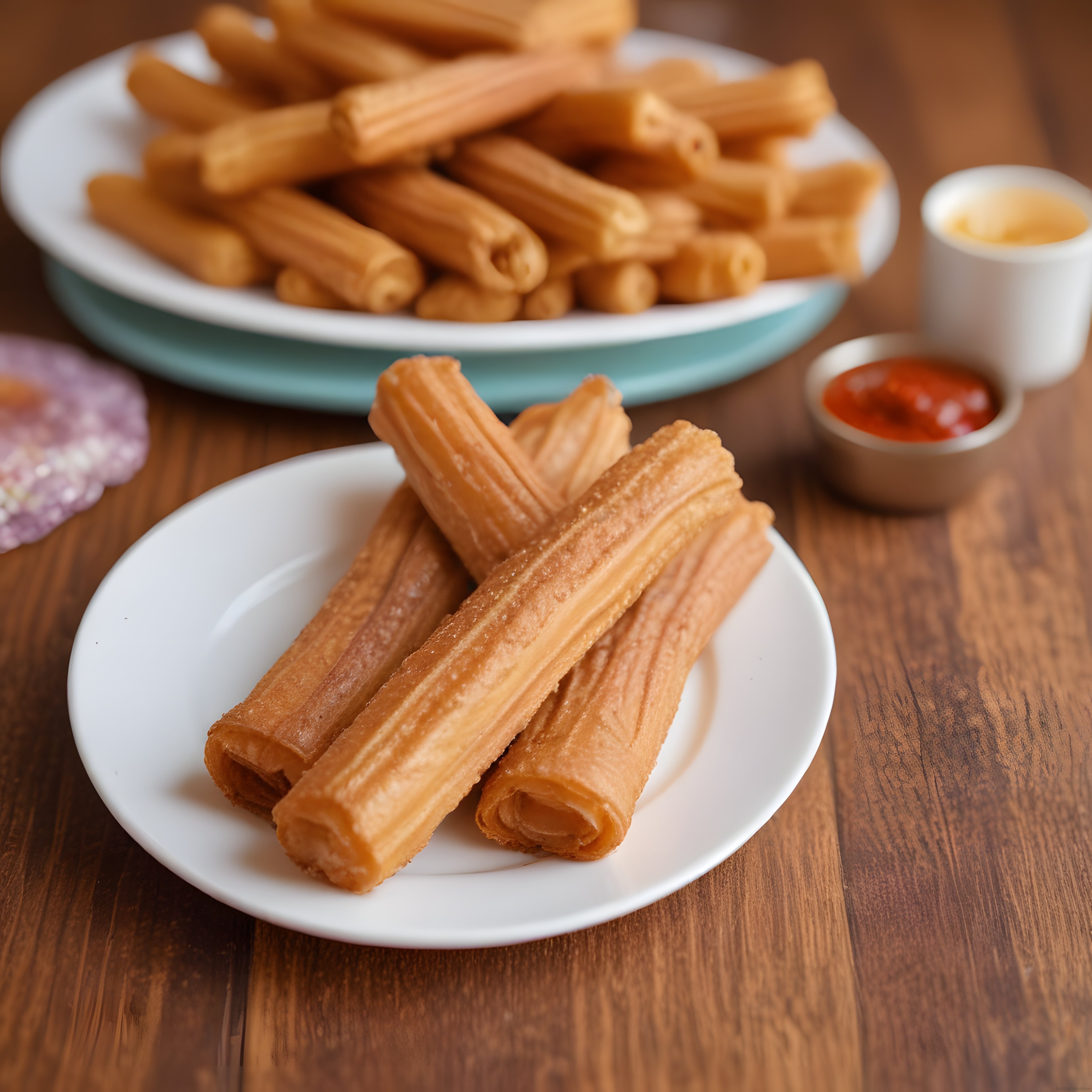 Sıcak churros, çikolata ve kırmızı sos eşliğinde ahşap masada servis edilmiş