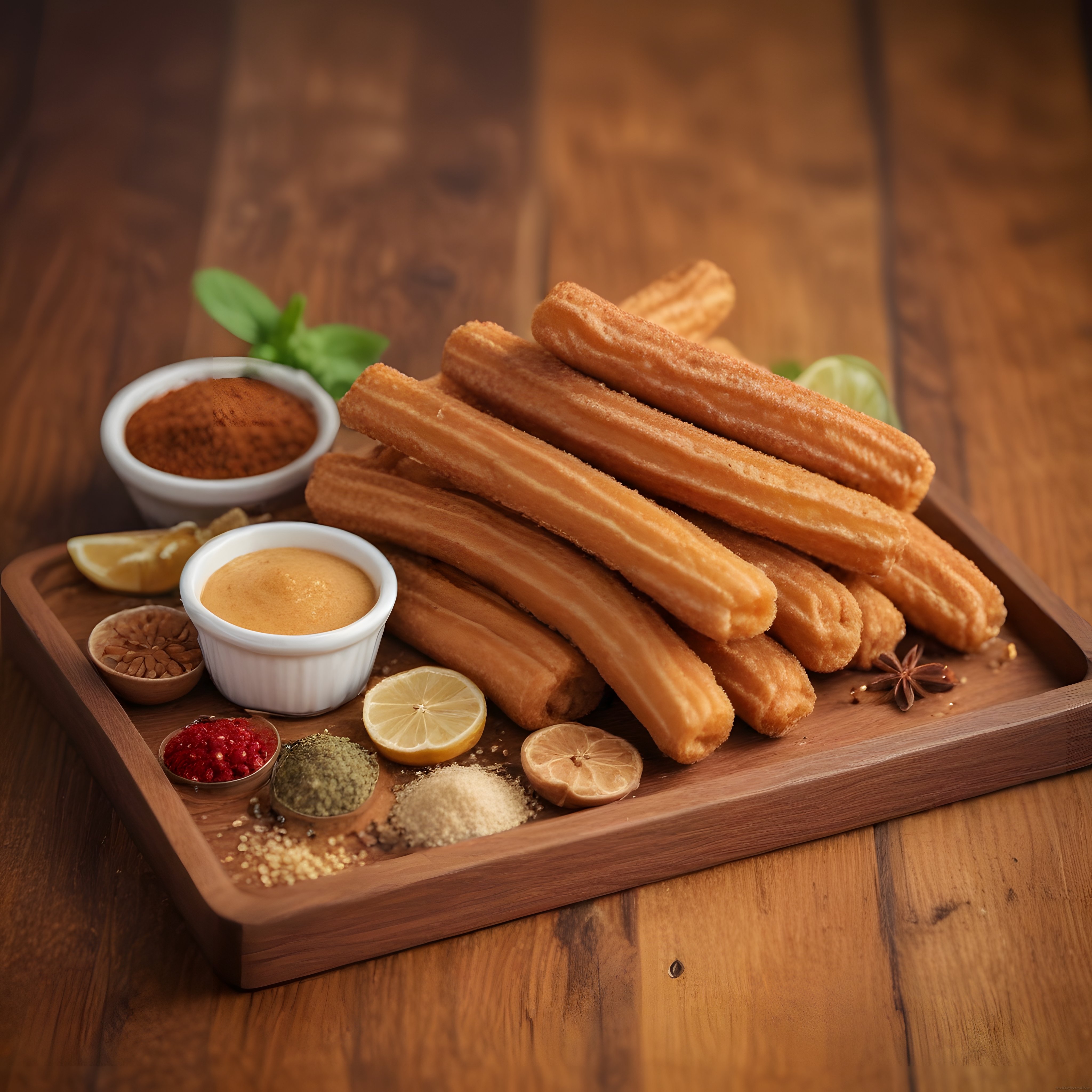 Sıcak Çıtır Churros, Karamel ve Çikolata Sosuyla Ahşap Sunum Tahtasında
