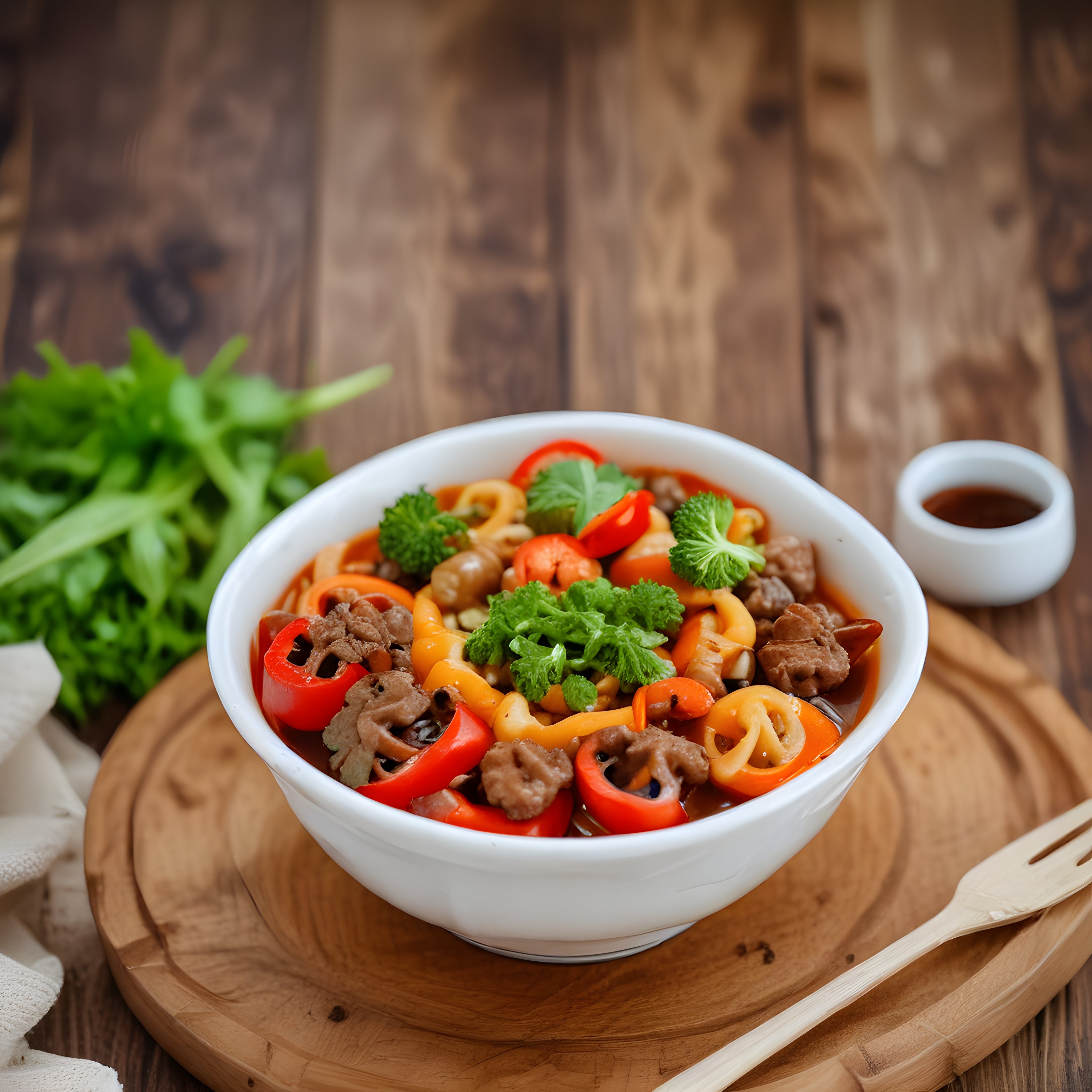 Sıcak Etli Sebzeli Noodle Kasesi: Ahşap Sunum Tahtasında Lezzet