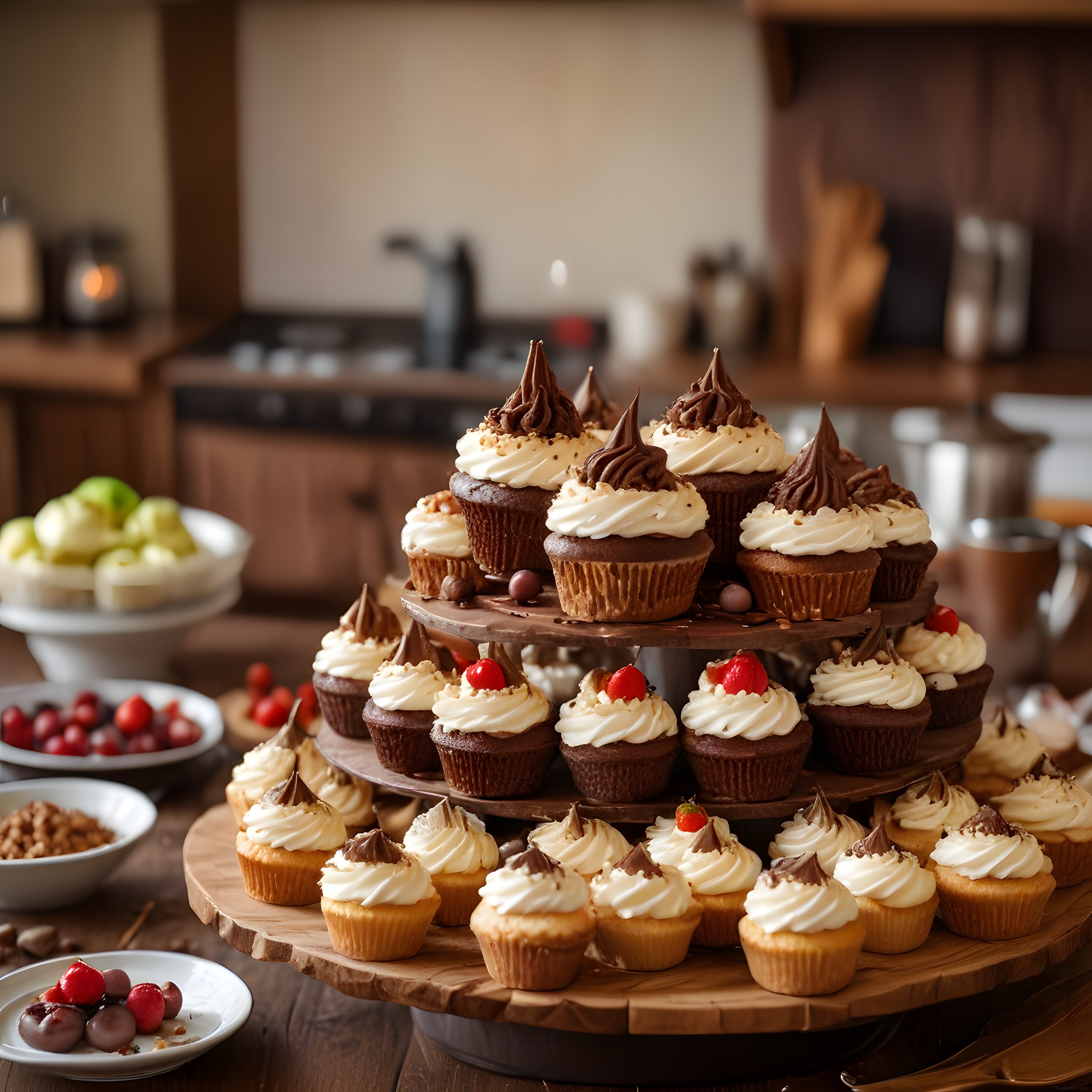 Sıcak Ev Mutfağında Çikolatalı Cupcake Kulesi ve Taze Meyve Sunumu