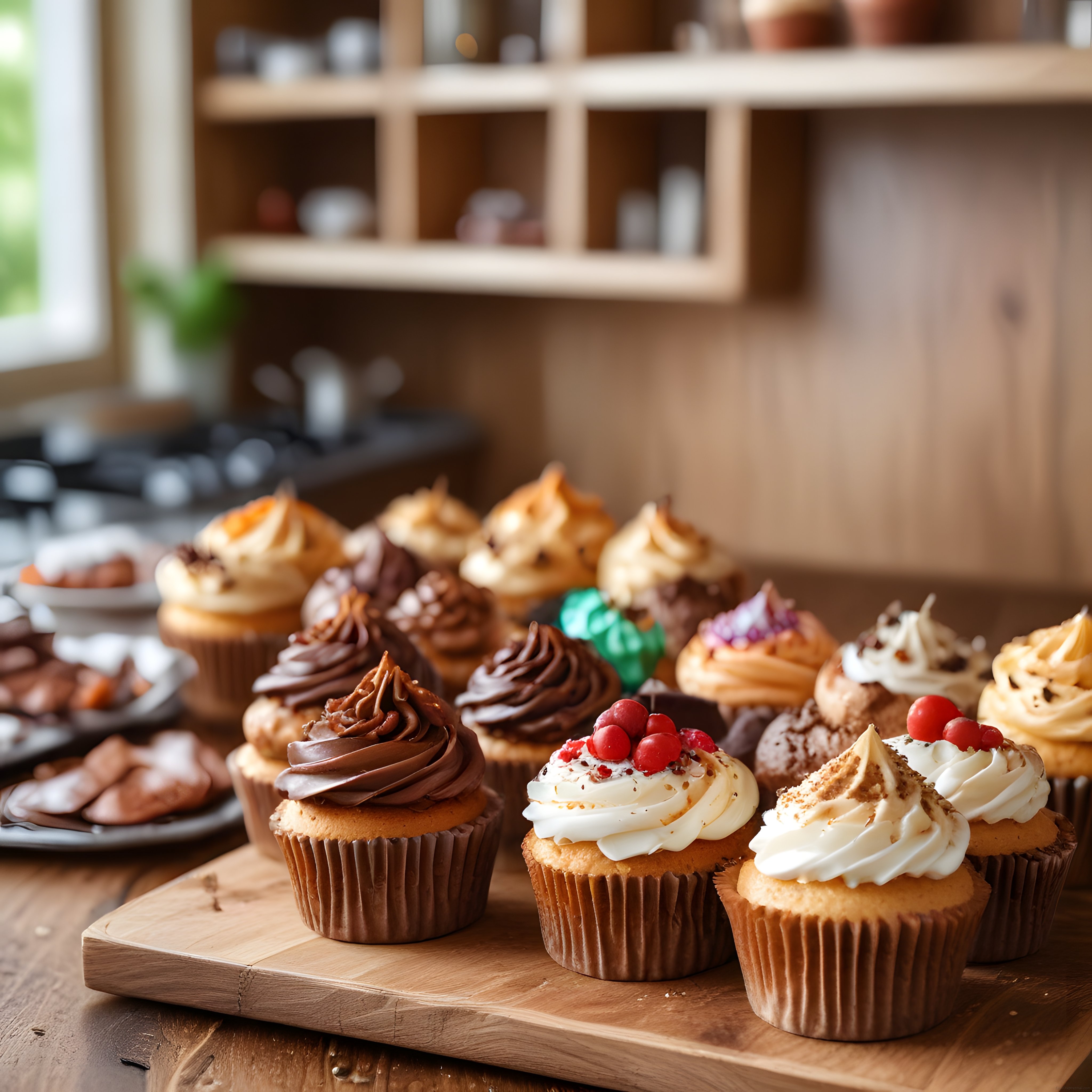 Sıcak Ev Mutfakında Ahşap Tahta Üzerinde Renkli Cupcake ve Muffin Sunumu