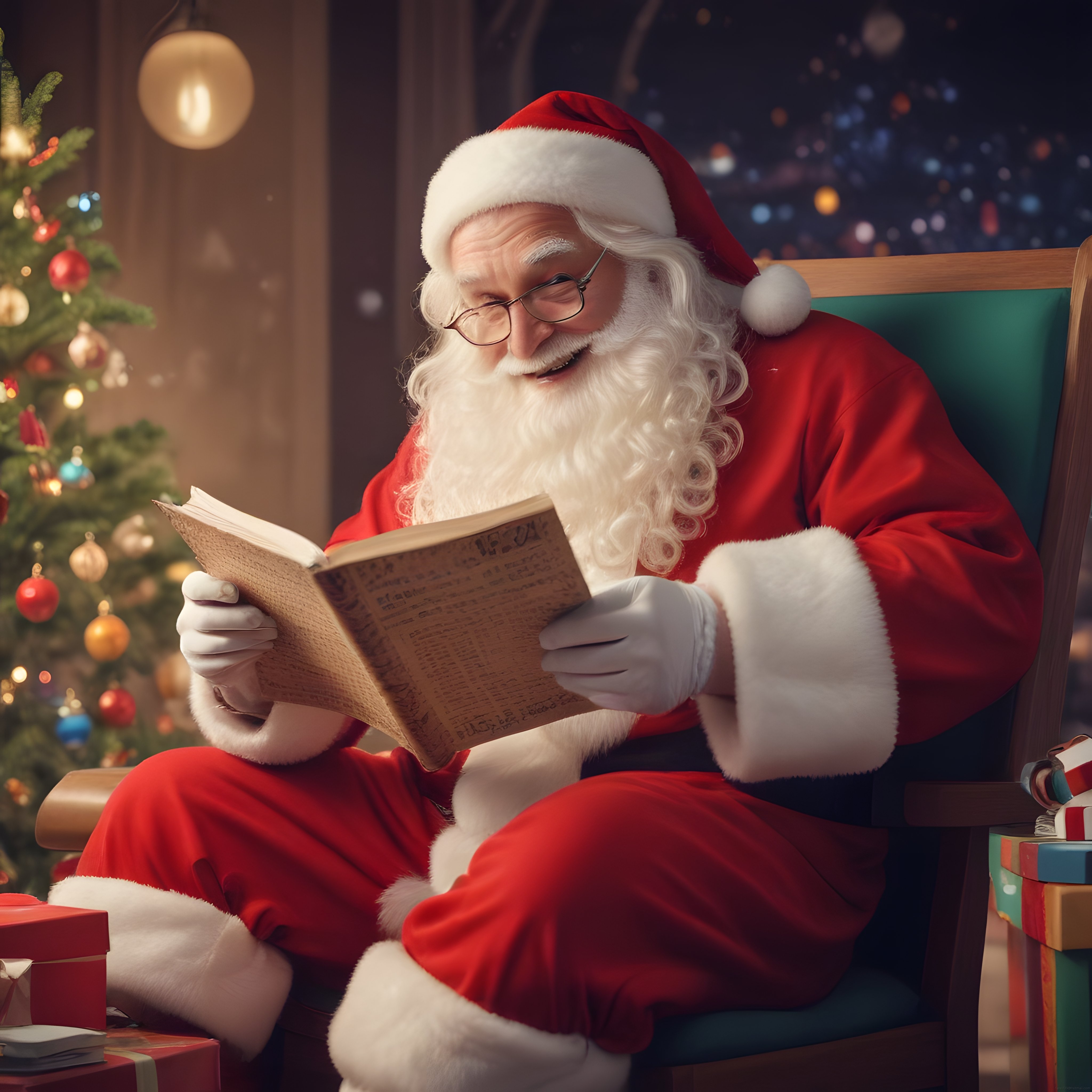 Sıcak Ev Ortamında Koltukta Kitap Okuyan Noel Baba ve Renkli Hediyeler