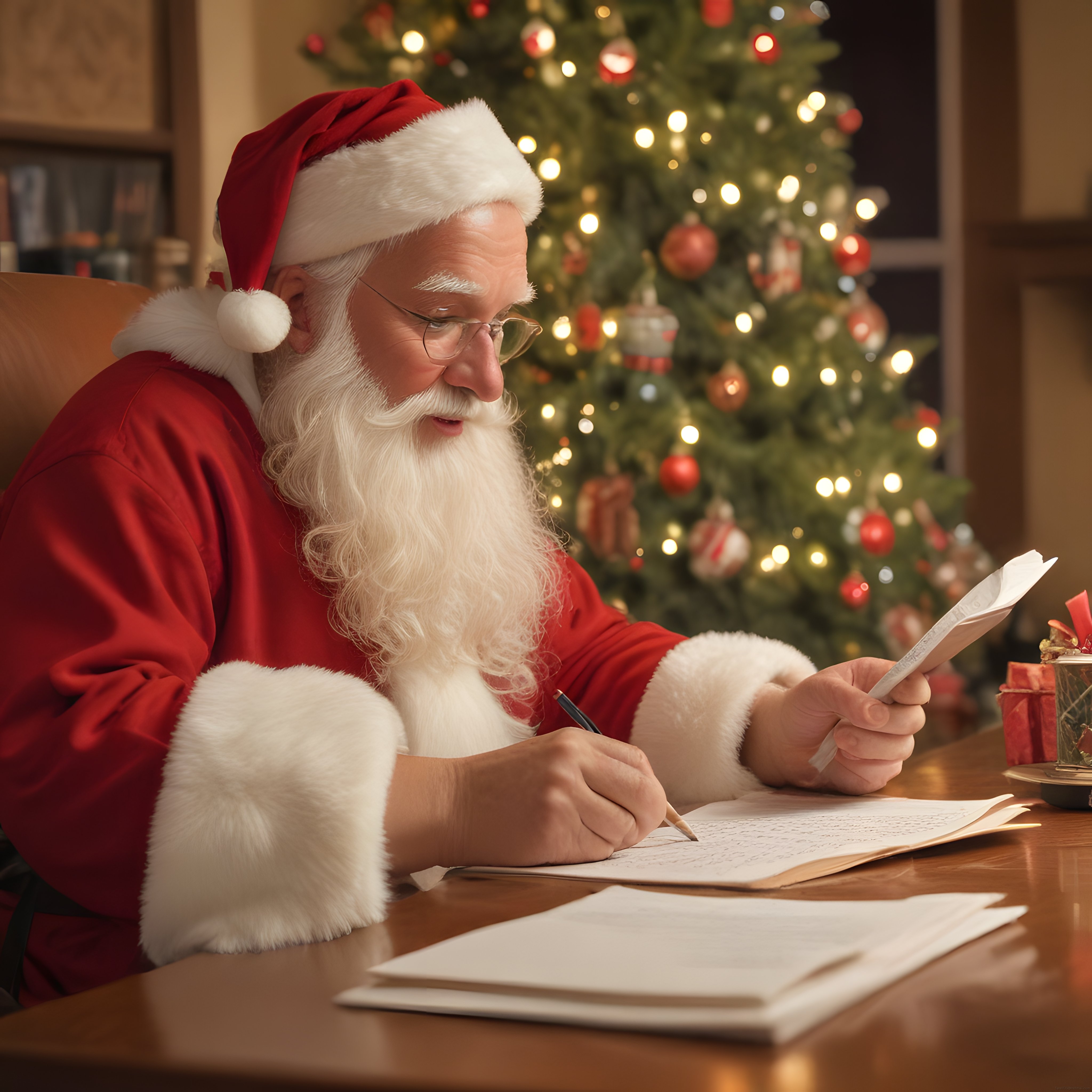 Sıcak Ev Ortamında Yılbaşı Ağacı Önünde Mektup Yazan Noel Baba