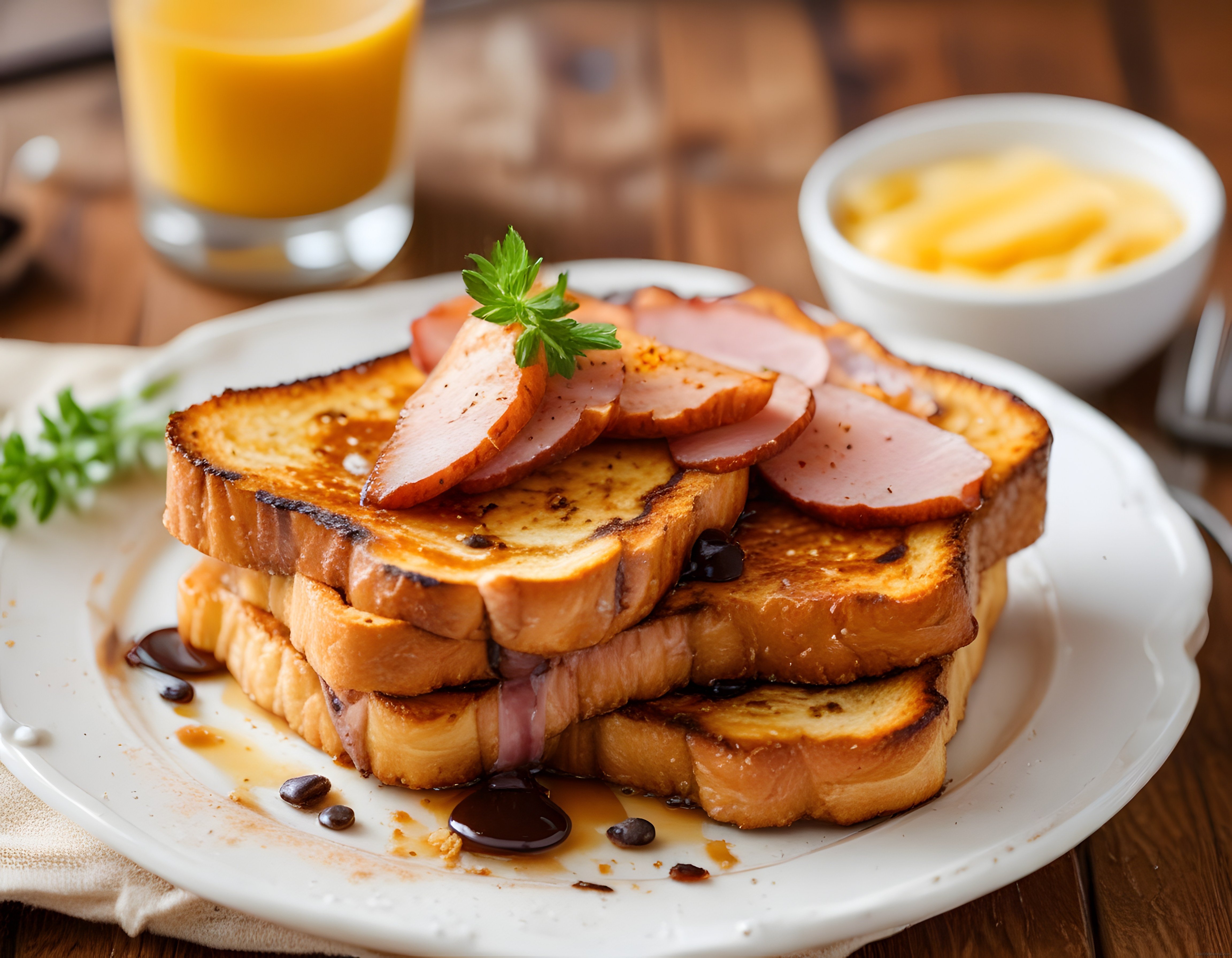 Sıcak French Toast Üzerinde Jambon Dilimleri ve Taze Portakal Suyu ile Kahvaltı