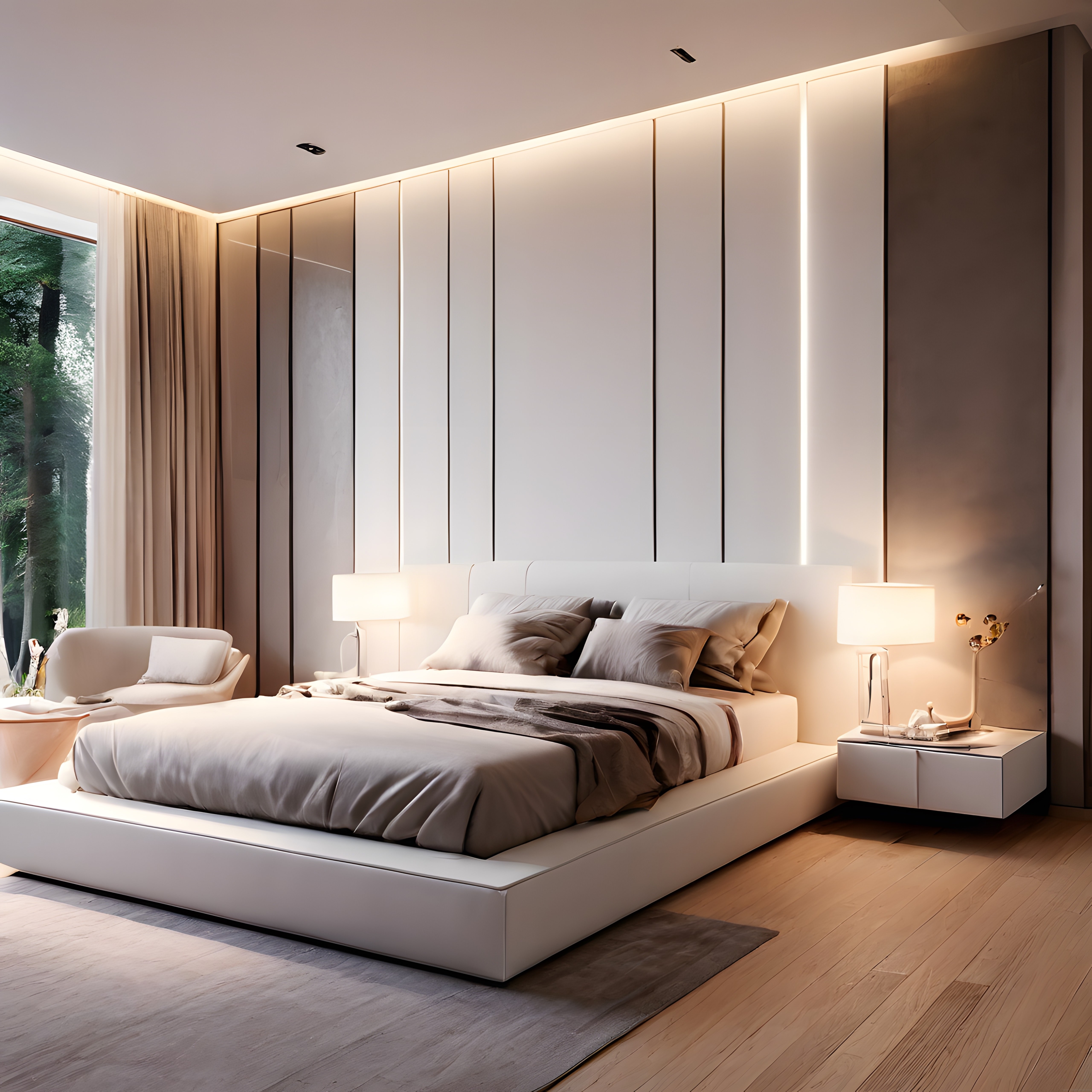 Sıcak Gizli Aydınlatmalı ve Ahşap Zemine Sahip Modern Minimalist Yatak Odası