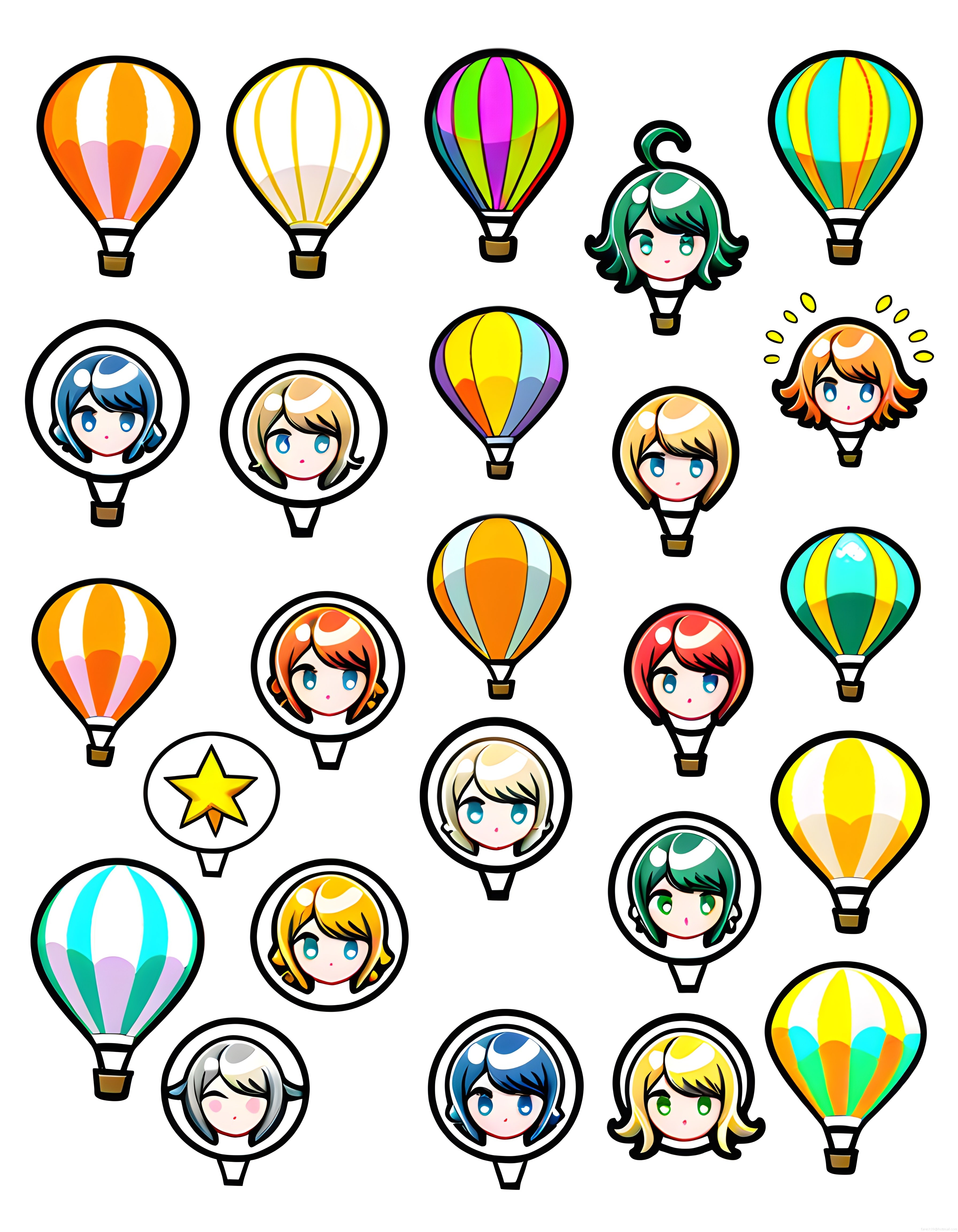 Sıcak Hava Balonu ve Anime Karakterli Renkli Kawaii Sticker Çizim Seti