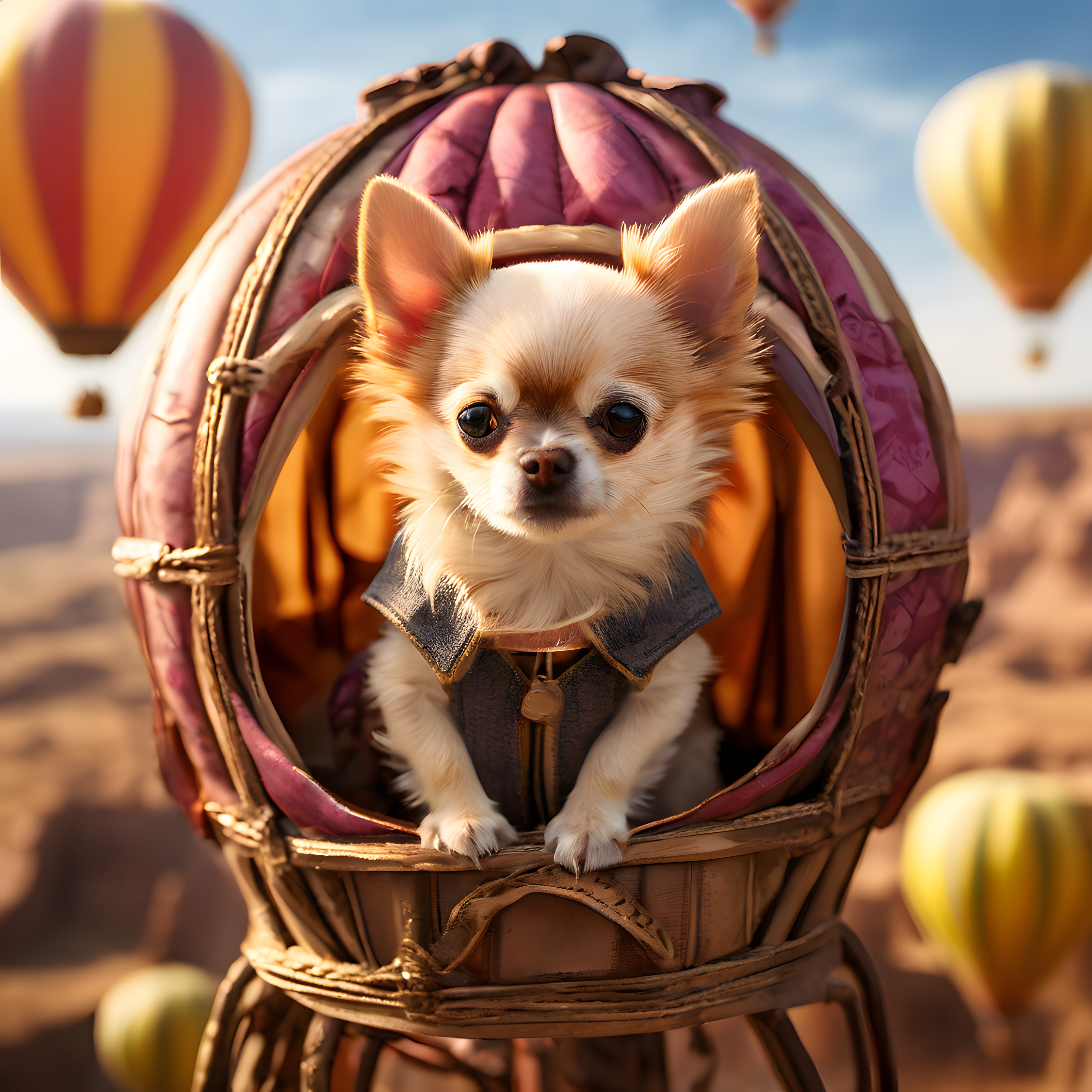 Sıcak hava balonunda yolculuk yapan deri yelekli sevimli chihuahua köpeği