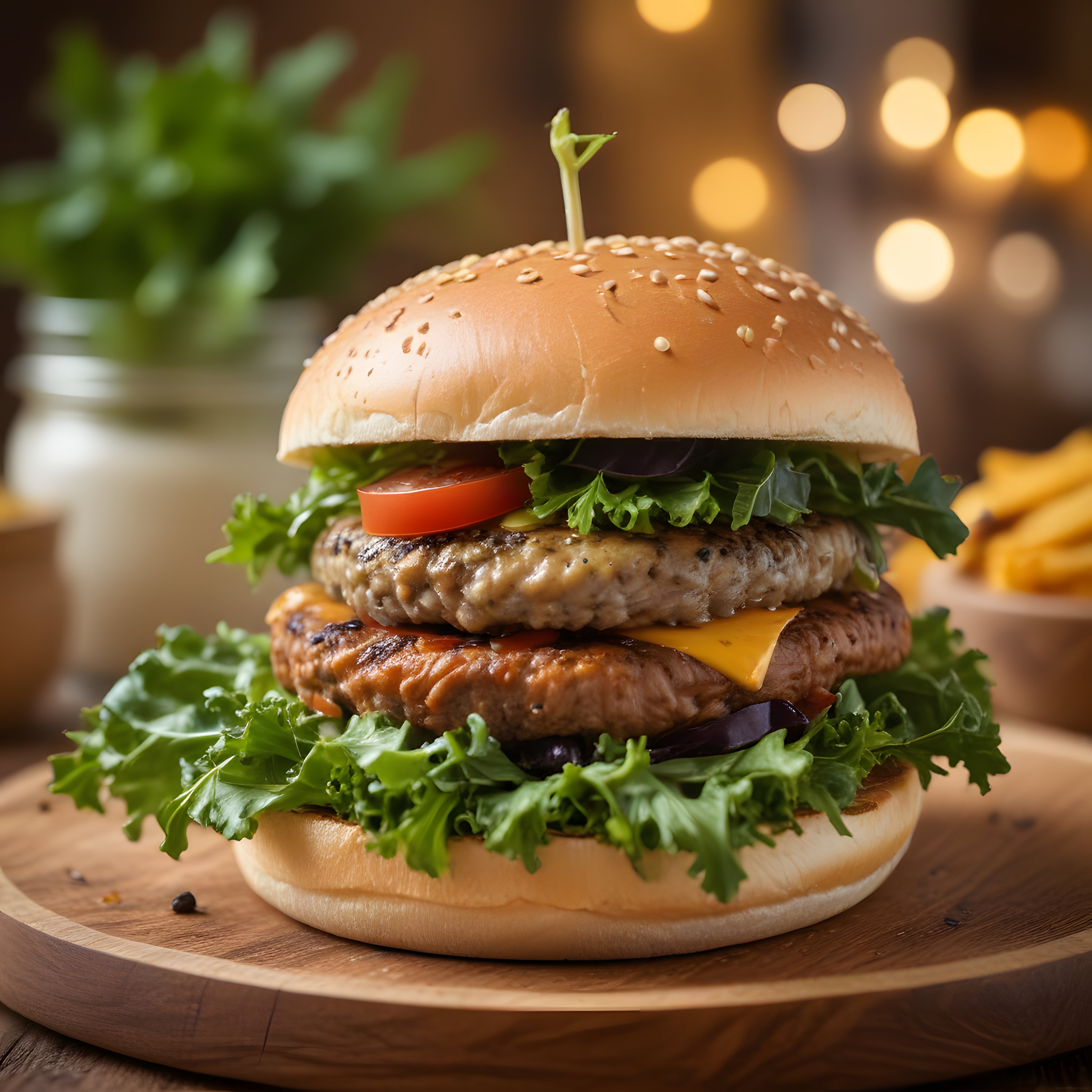 Sıcak Işıklar Altında İki Katlı Sulu Cheeseburger ve Patates Kızartması