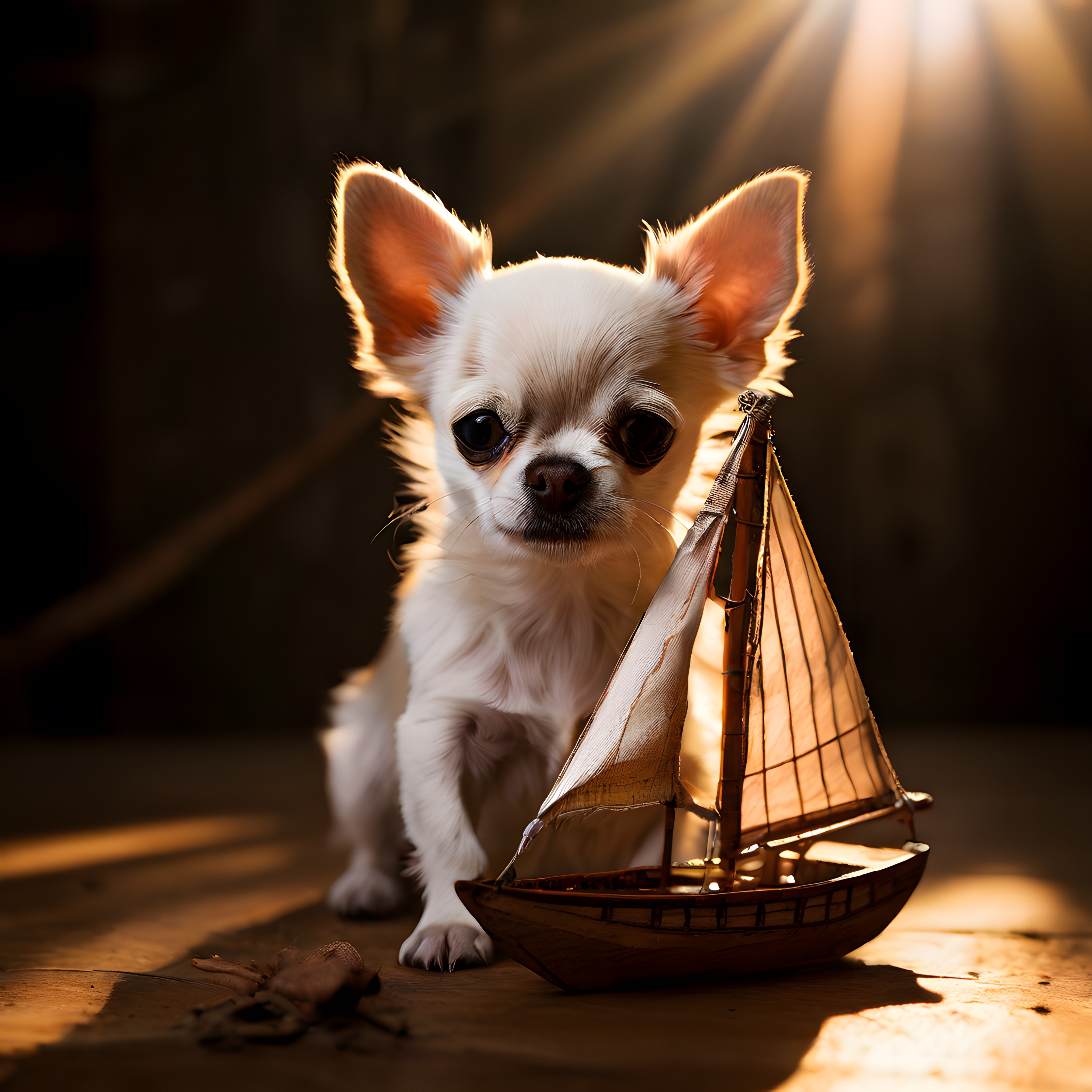 Sıcak Işıklar Altında Yelkenli Maketi İle Oturan Beyaz Chihuahua Köpek