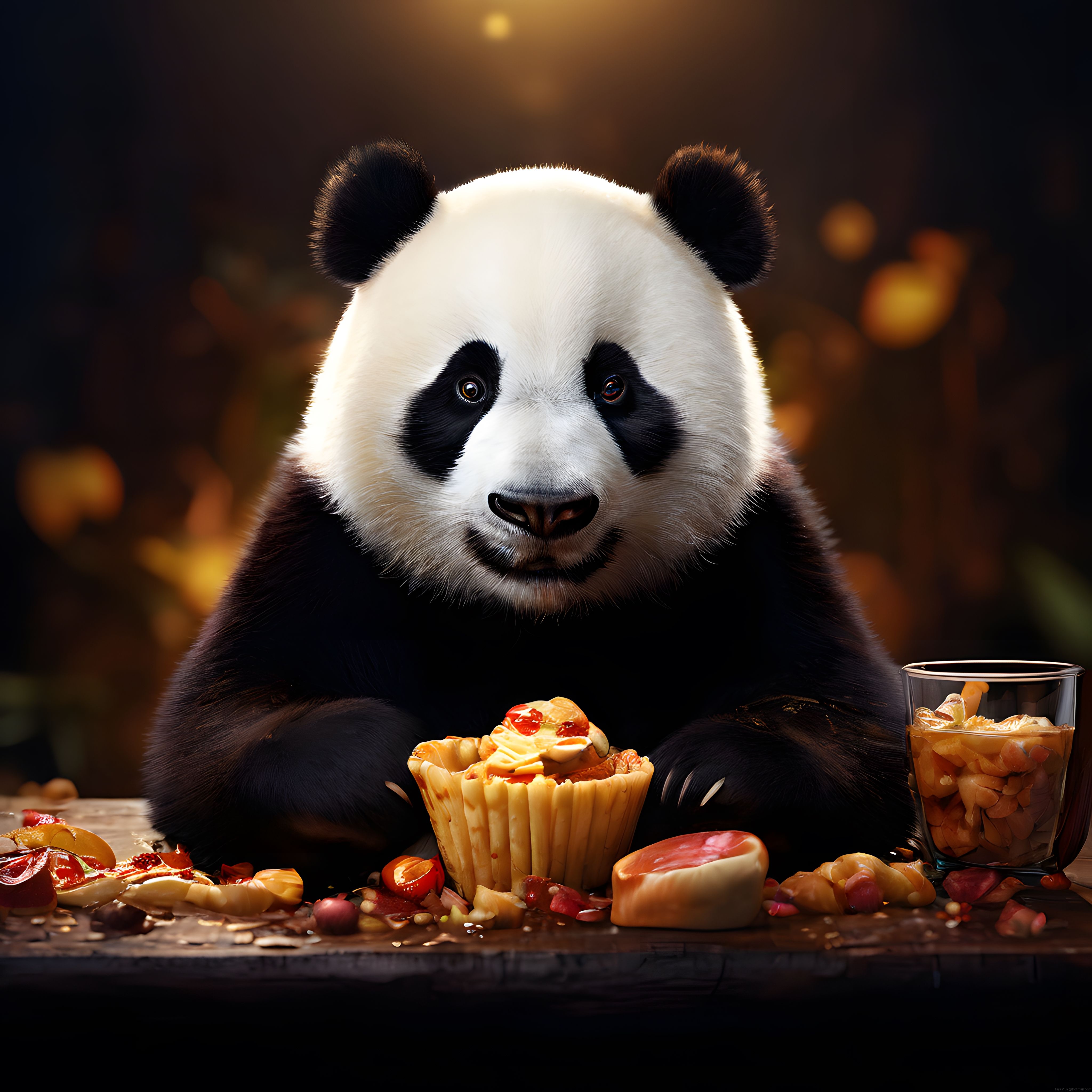 Sıcak Işıklar Altında Yemek Masasında Oturan Sevimli Dev Panda