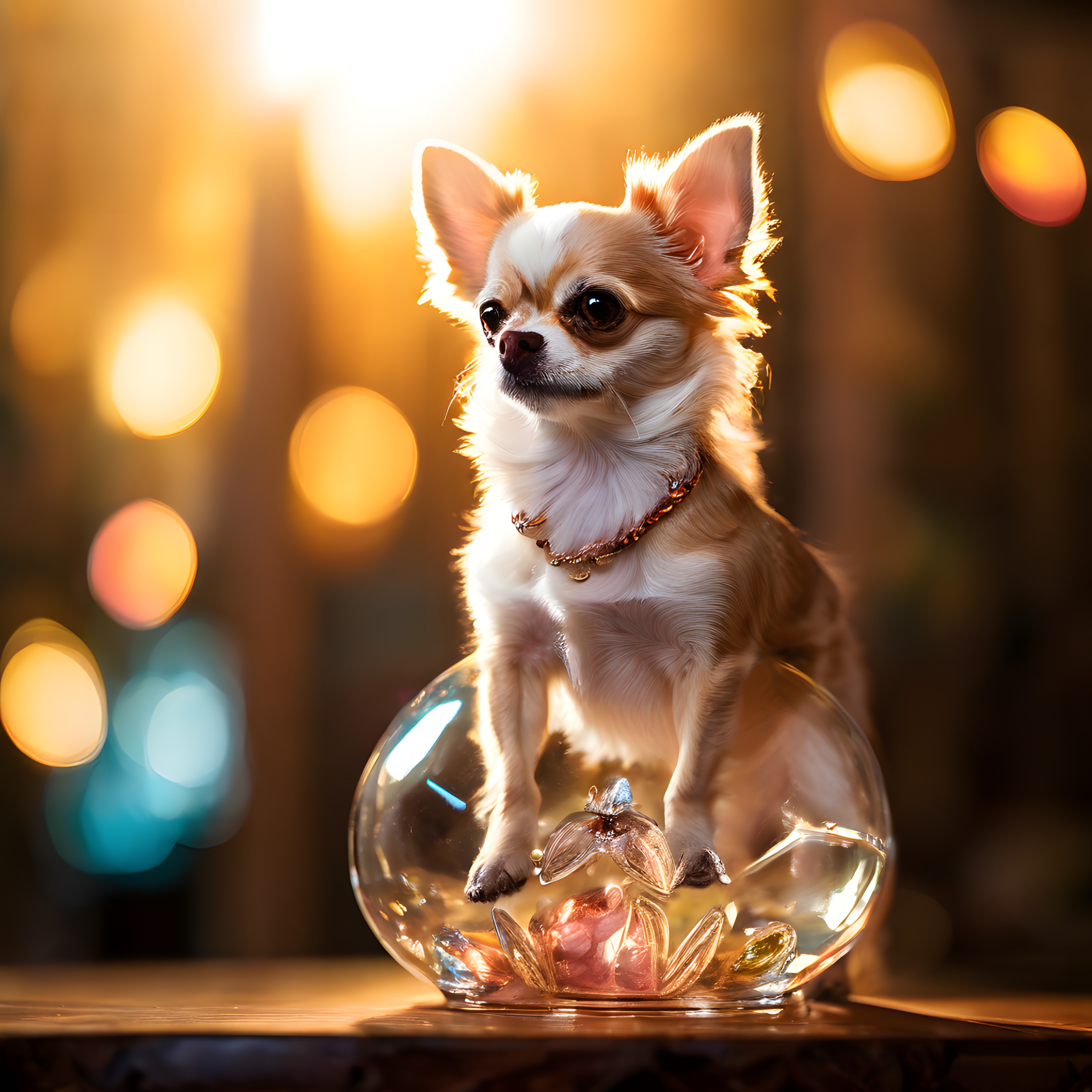 Sıcak Işıklar Arasında Cam Küre Üzerinde Oturan Tüylü Chihuahua Köpeği