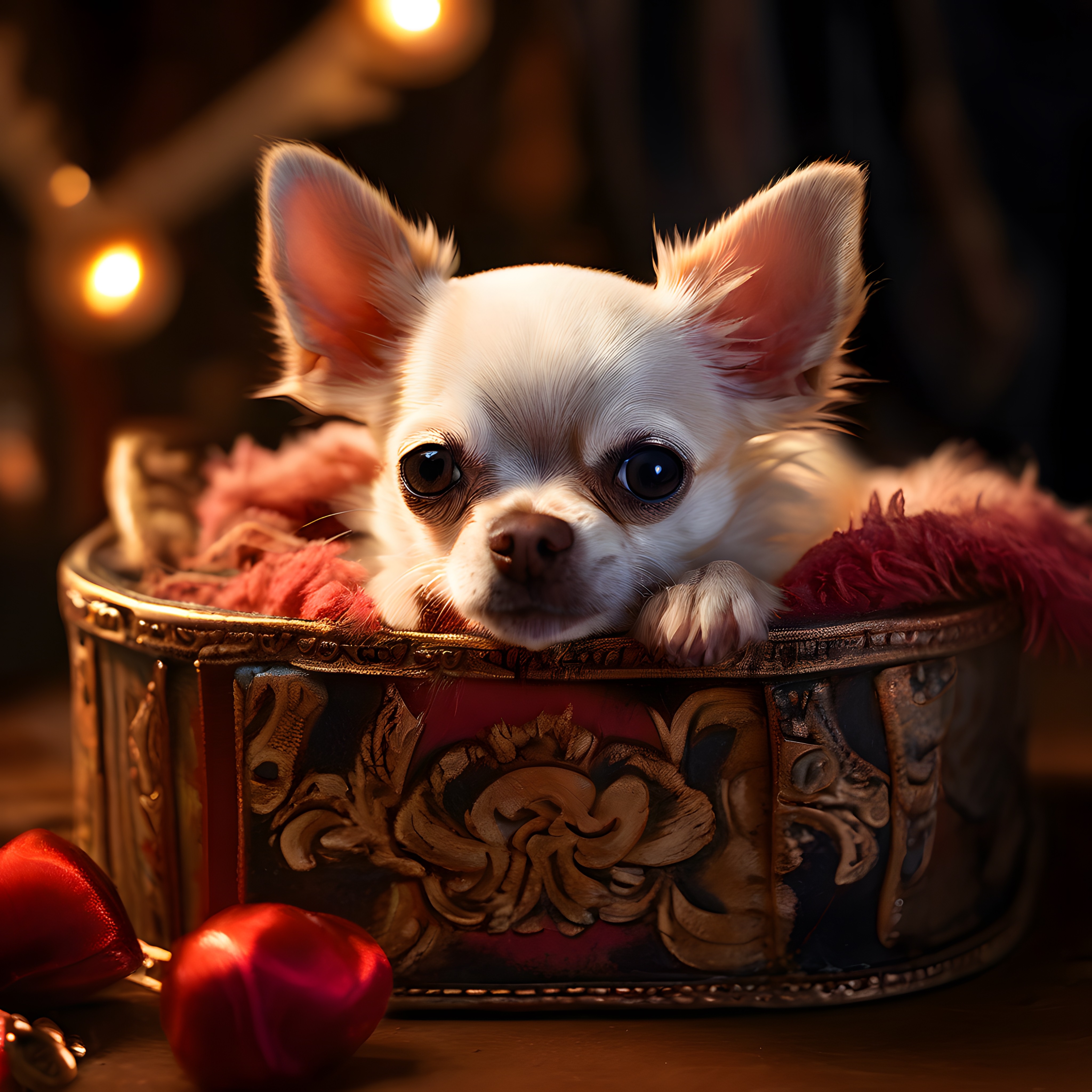 sıcak ışıklar arasında dekoratif kutuda dinlenen sevimli chihuahua köpeği