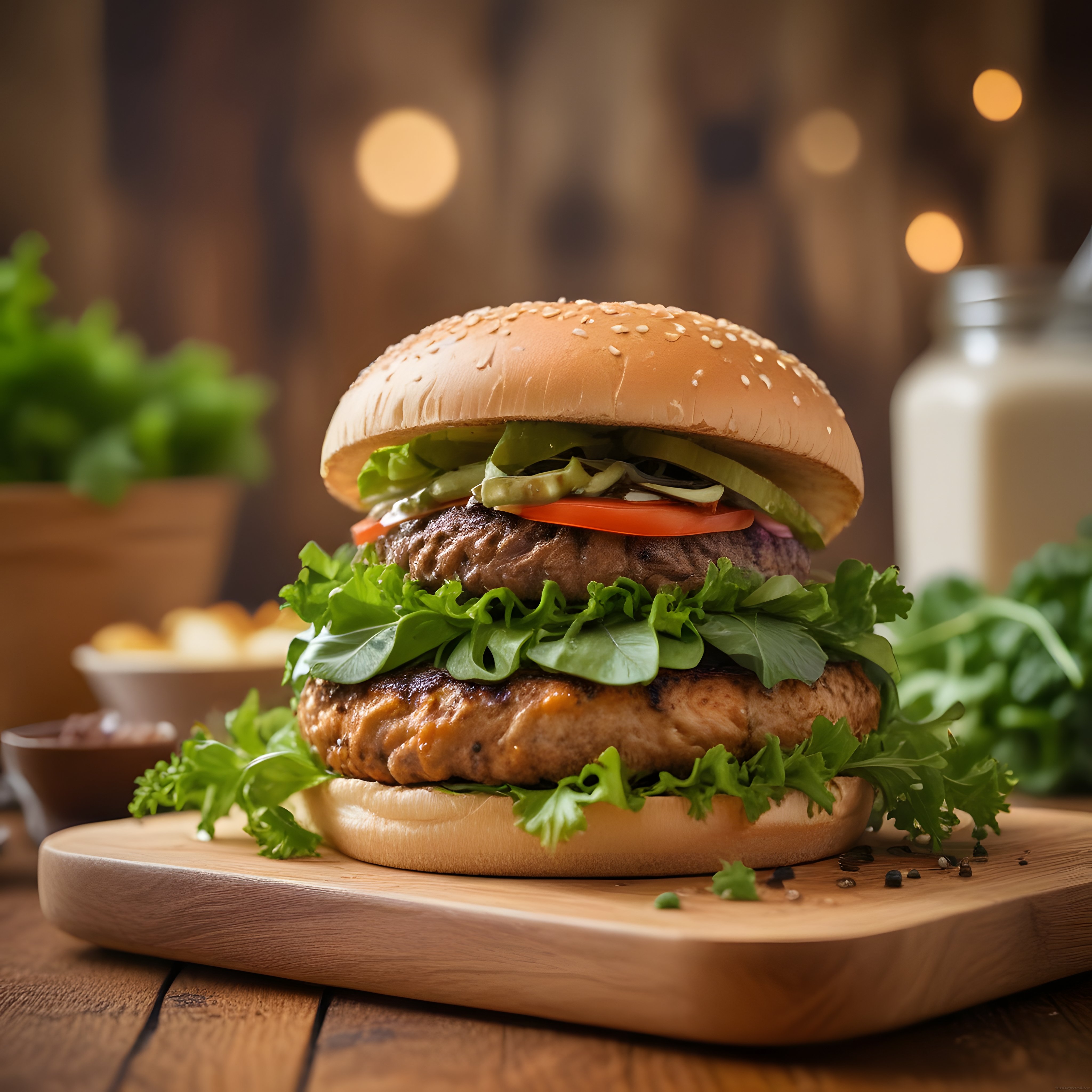 Sıcak Işıklar Eşliğinde Sunum Tahtası Üzerinde Lezzetli Çift Kat Hamburger