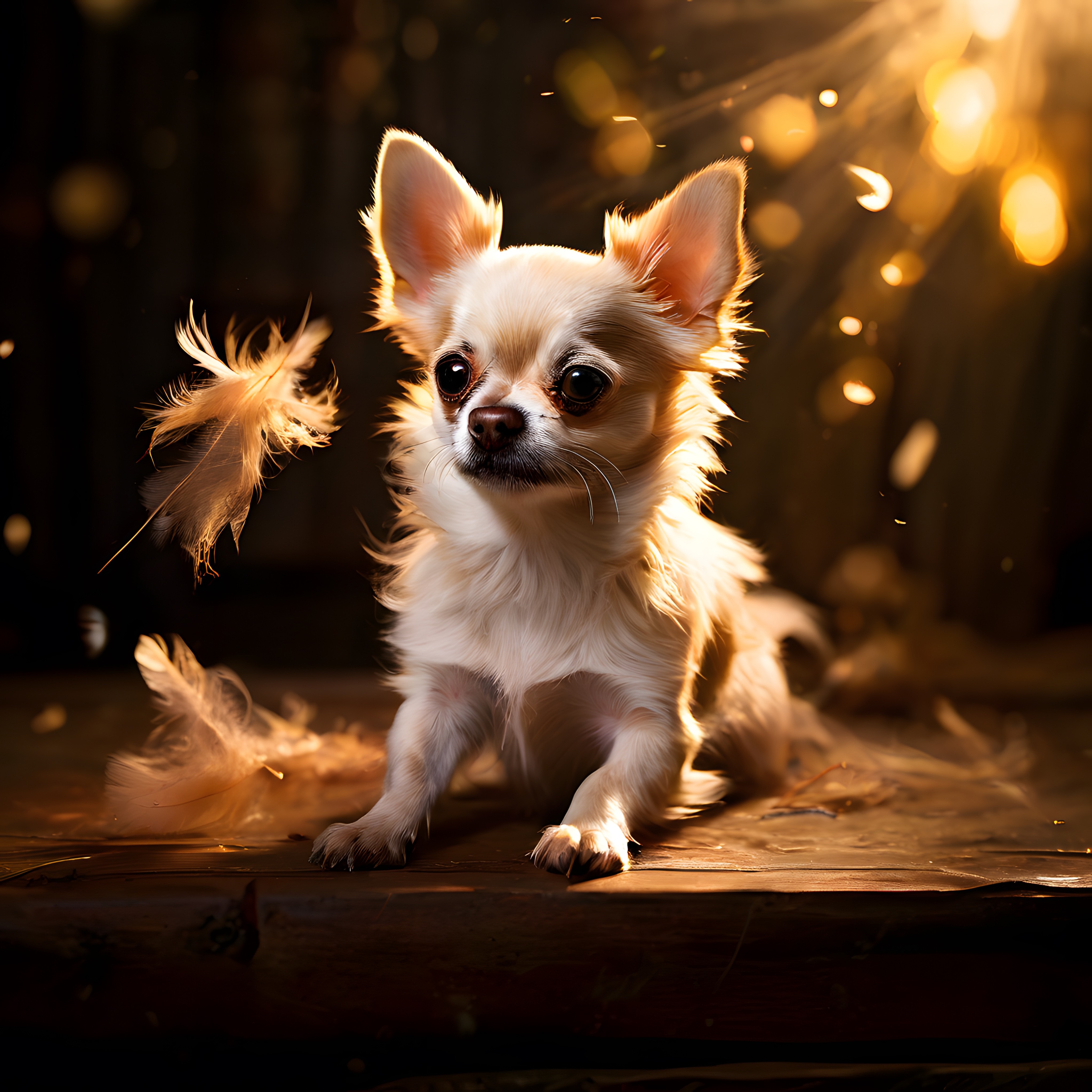 Sıcak ışıkların altında tüylerle oynayan sevimli beyaz chihuahua köpeği