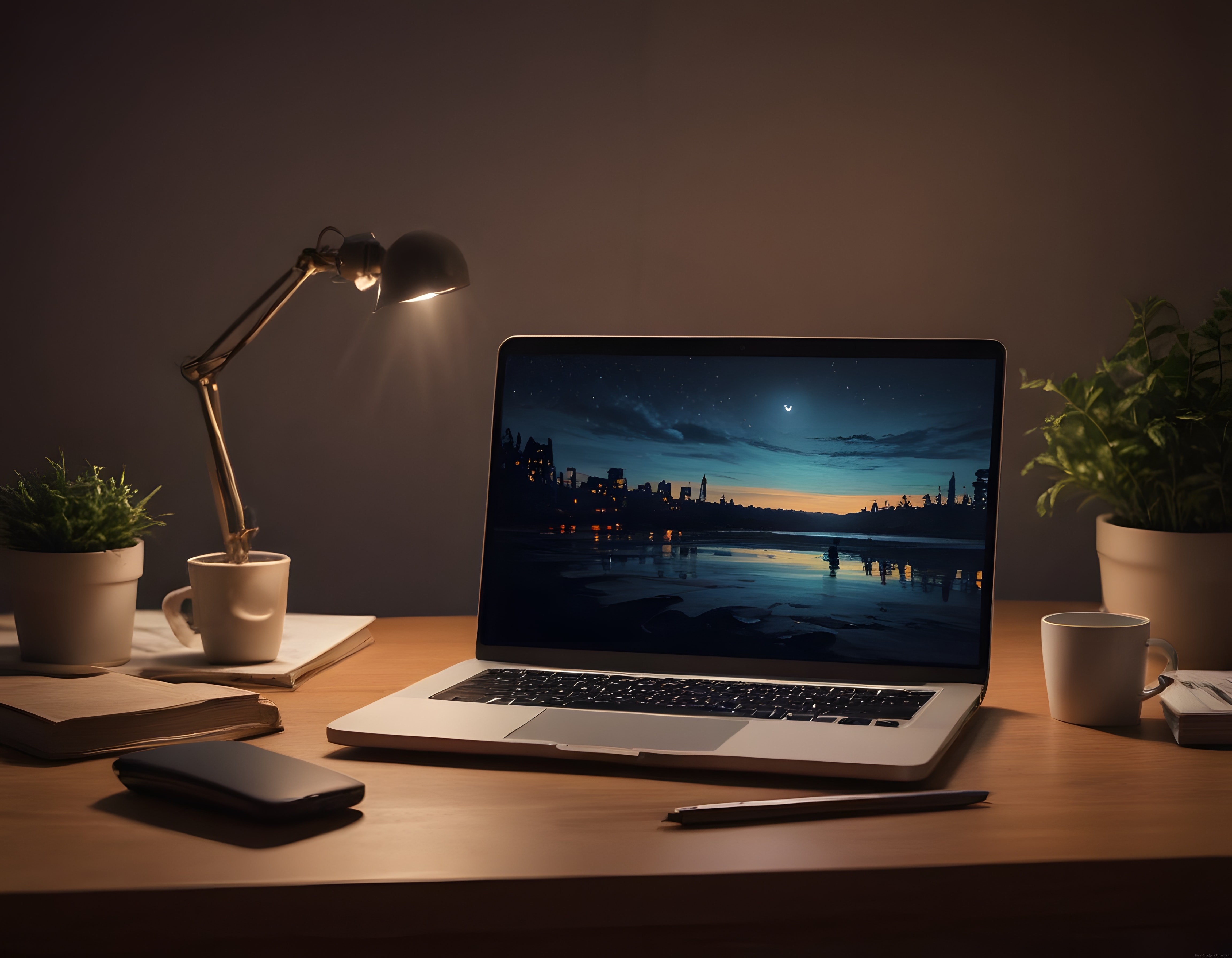 Sıcak Işıklı Minimal Çalışma Masası ve Gece Manzaralı Laptop Ekranı