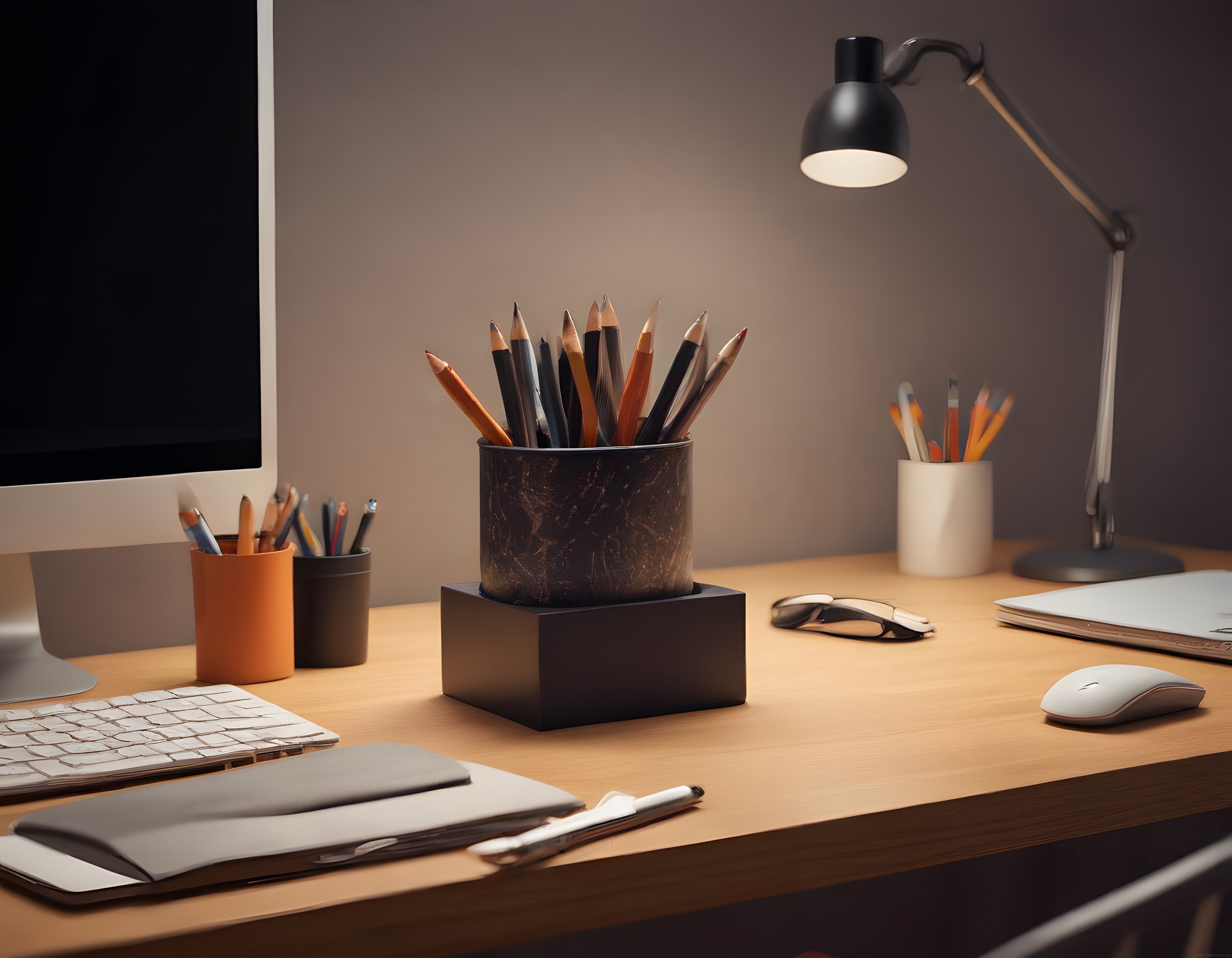 Sıcak Işıklı Minimalist Çalışma Masası Düzeni ve Ofis Organizasyonu Fikirleri