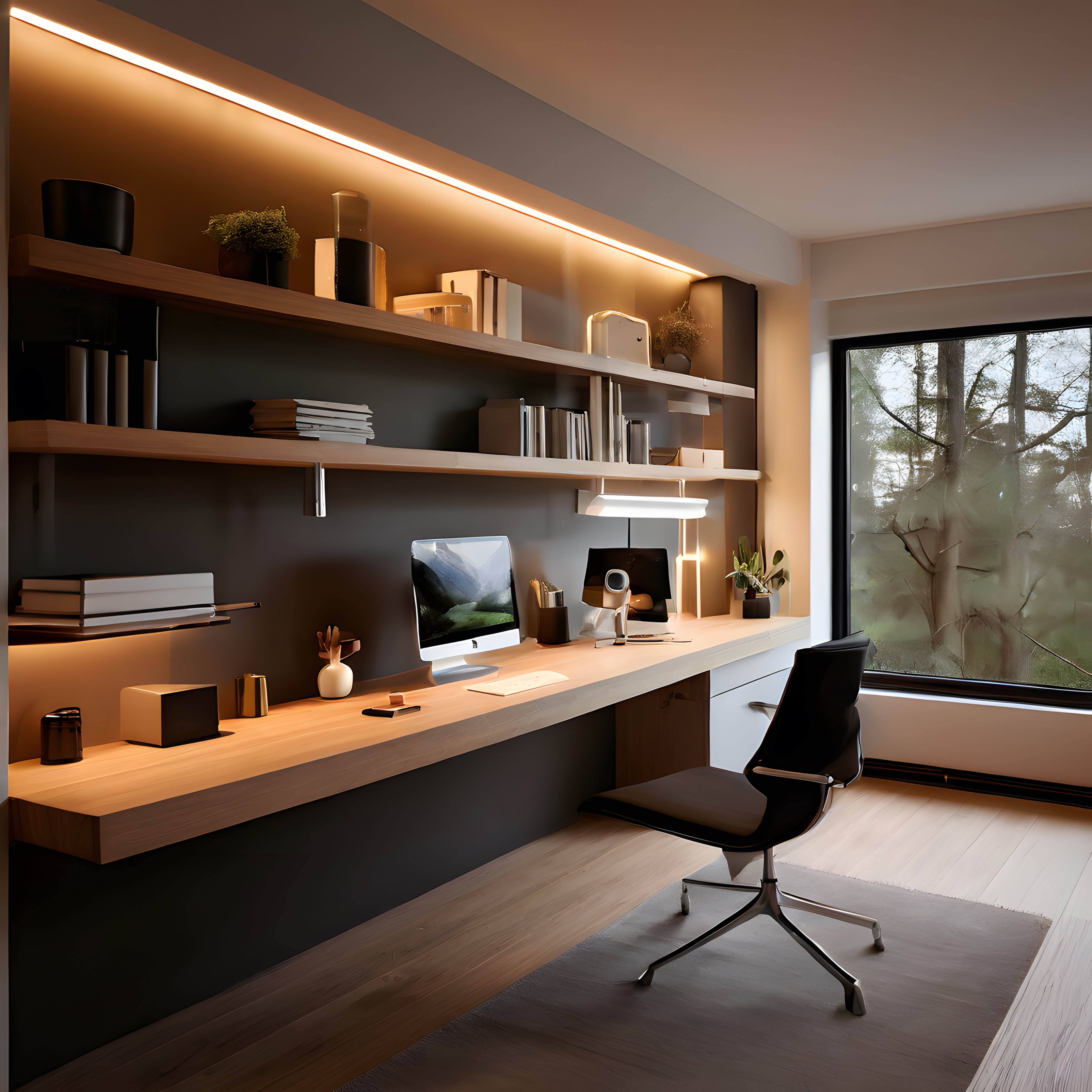 Sıcak Işıklı Modern Ev Ofisi: Minimalist Çalışma Odası Dekorasyonu