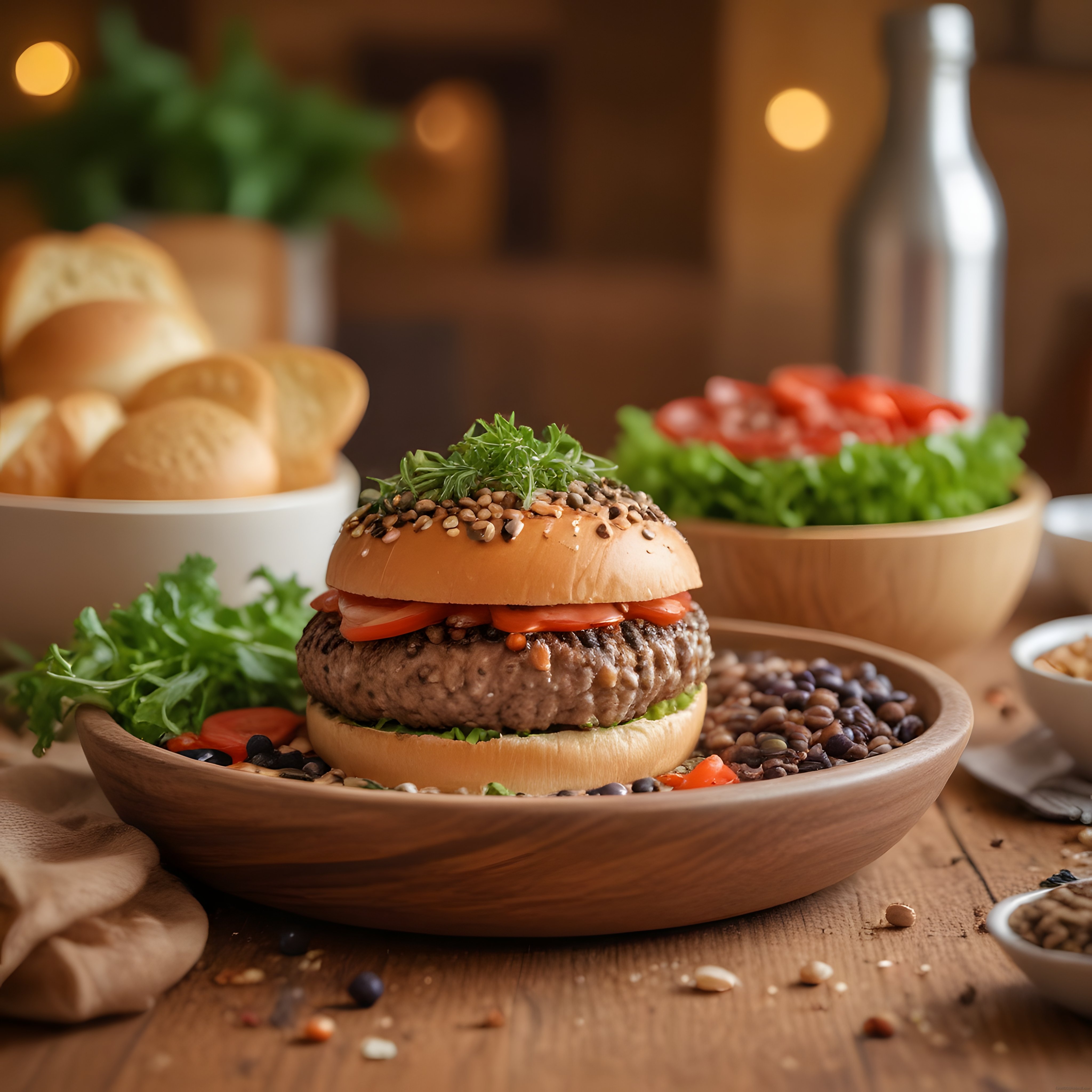 Sıcak Işıklı Rustik Mutfakta Tohumlu Gourmet Burger ve Taze Sebze Eşliği