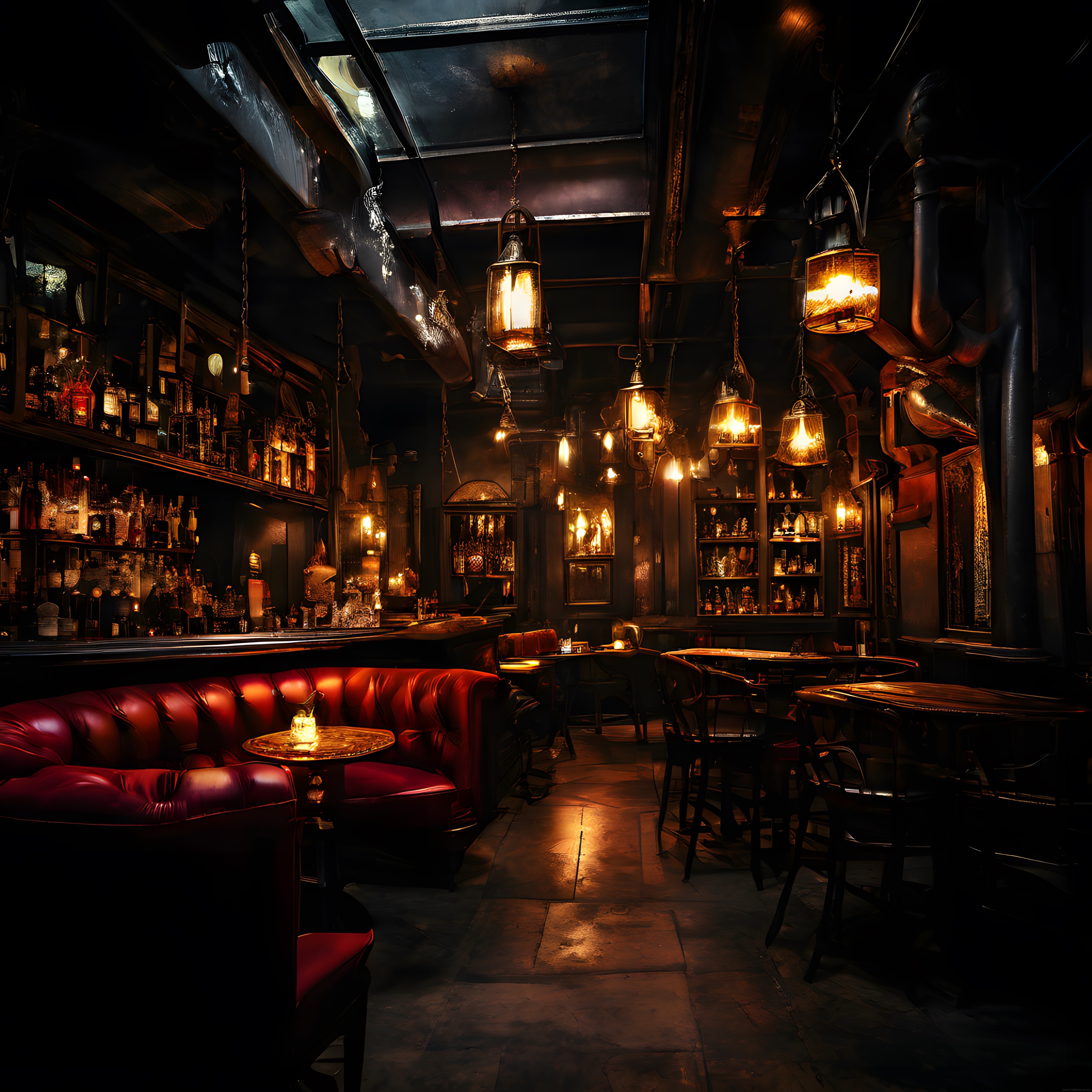 Sıcak Işıklı Vintage Bar İç Mekanı ve Deri Koltuklar ile Loş Atmosfer