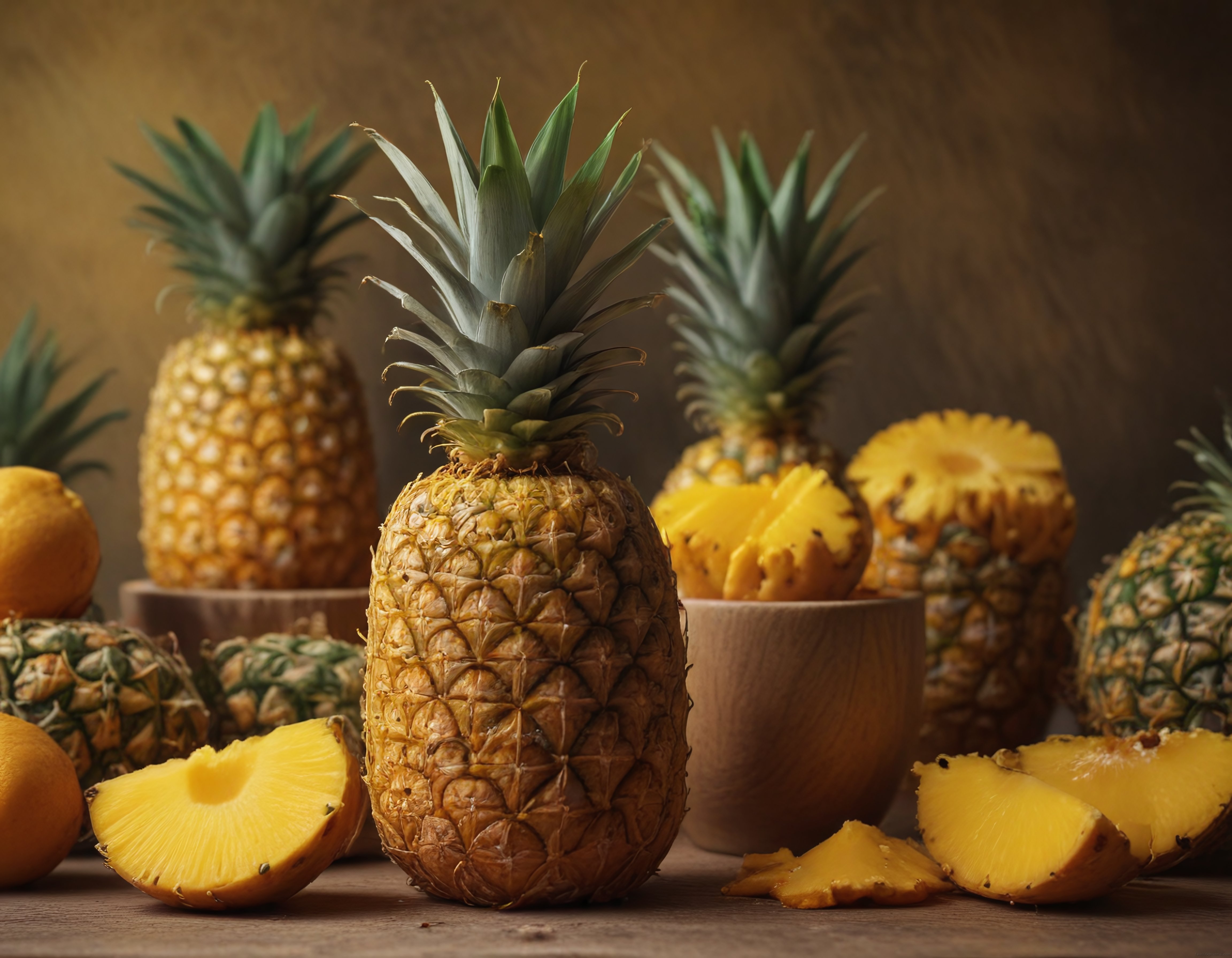 Sıcak Işıkta Ahşap Zemin Üzerinde Bütün ve Dilimlenmiş Taze Ananas Komposisyonu