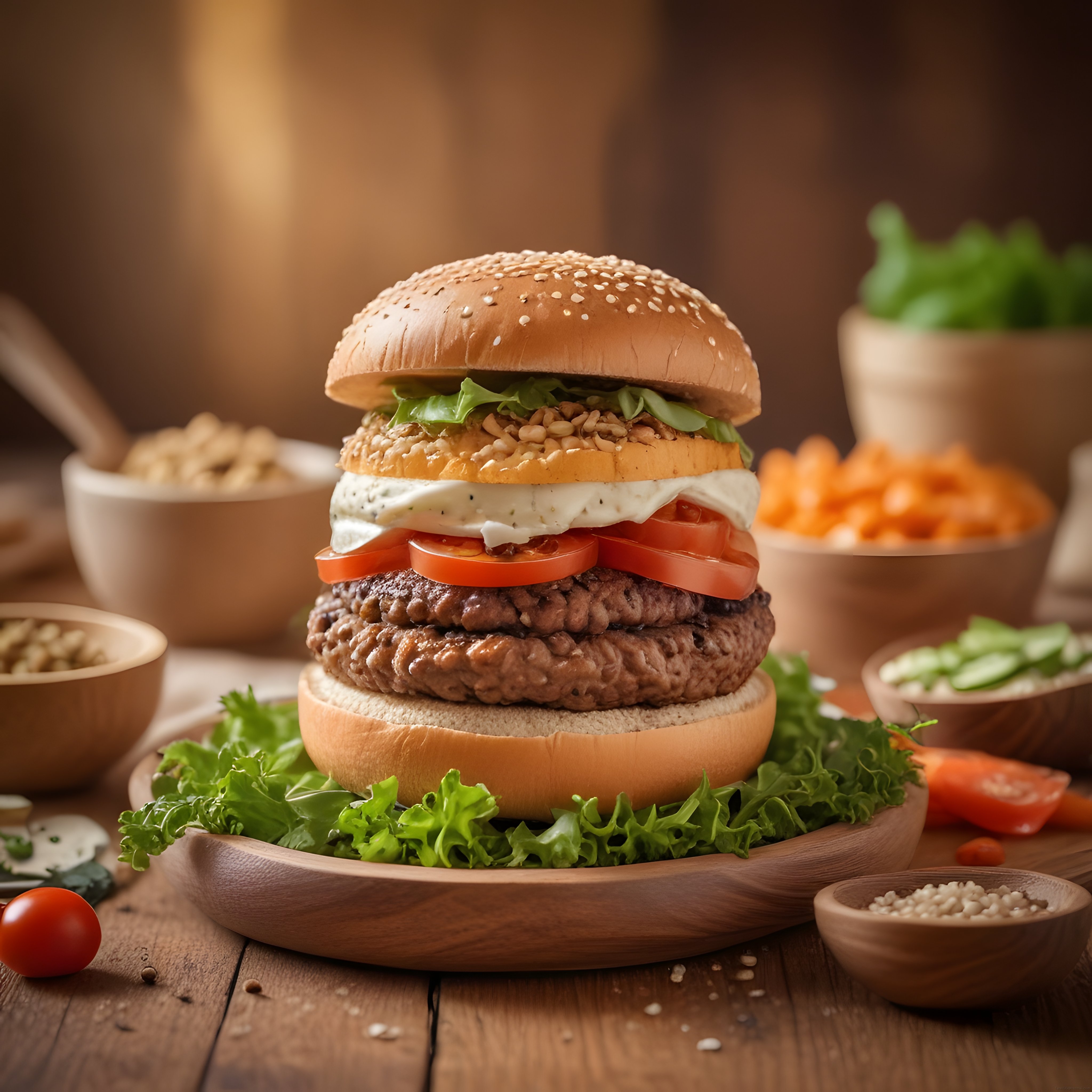 Sıcak Işıkta Rustik Ahşap Masada Çift Katlı Gourmet Hamburger ve Garnürler