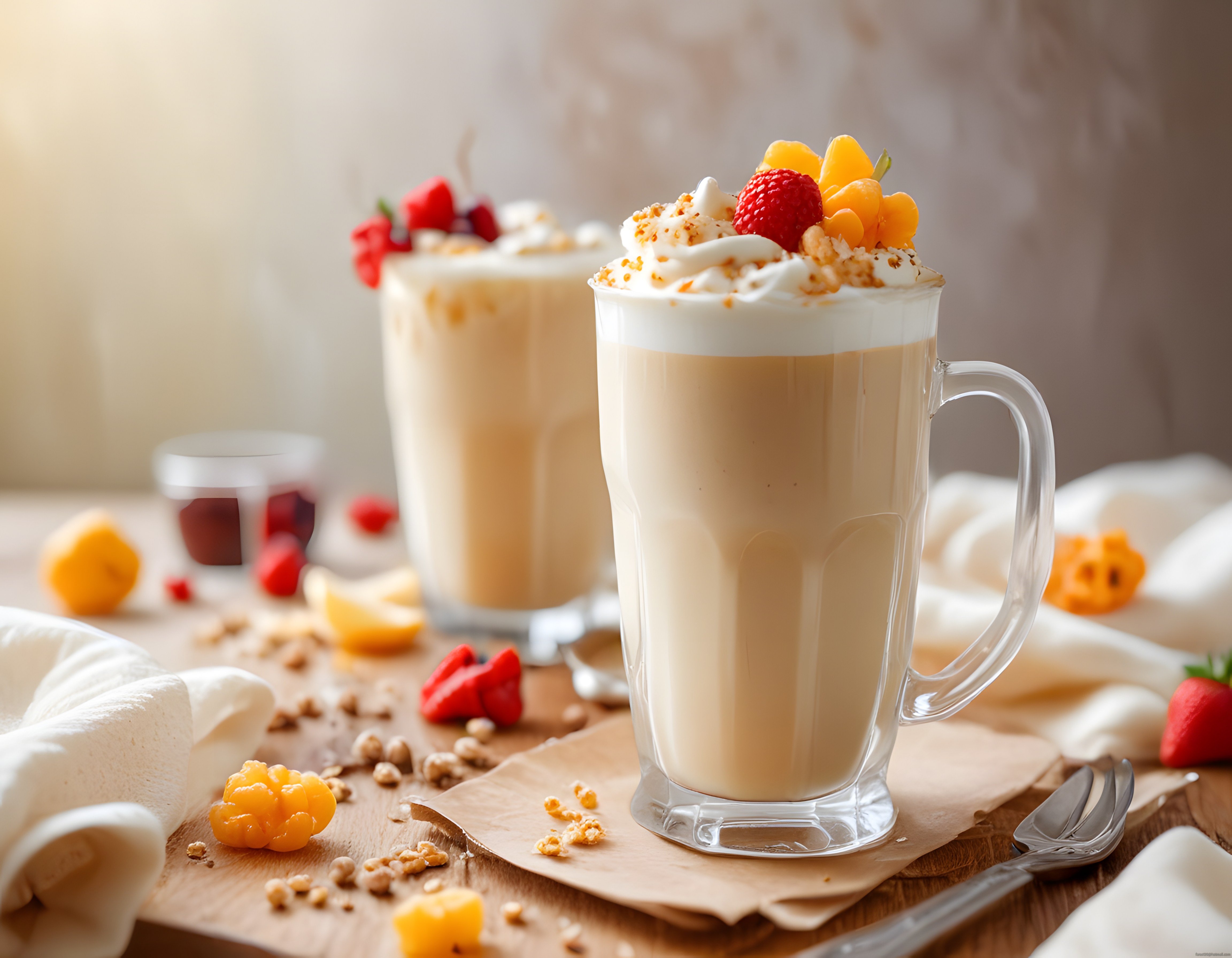 Sıcak Işıkta Rustik Ahşap Masada Kremalı Meyveli Smoothie Lezzet Sunumu