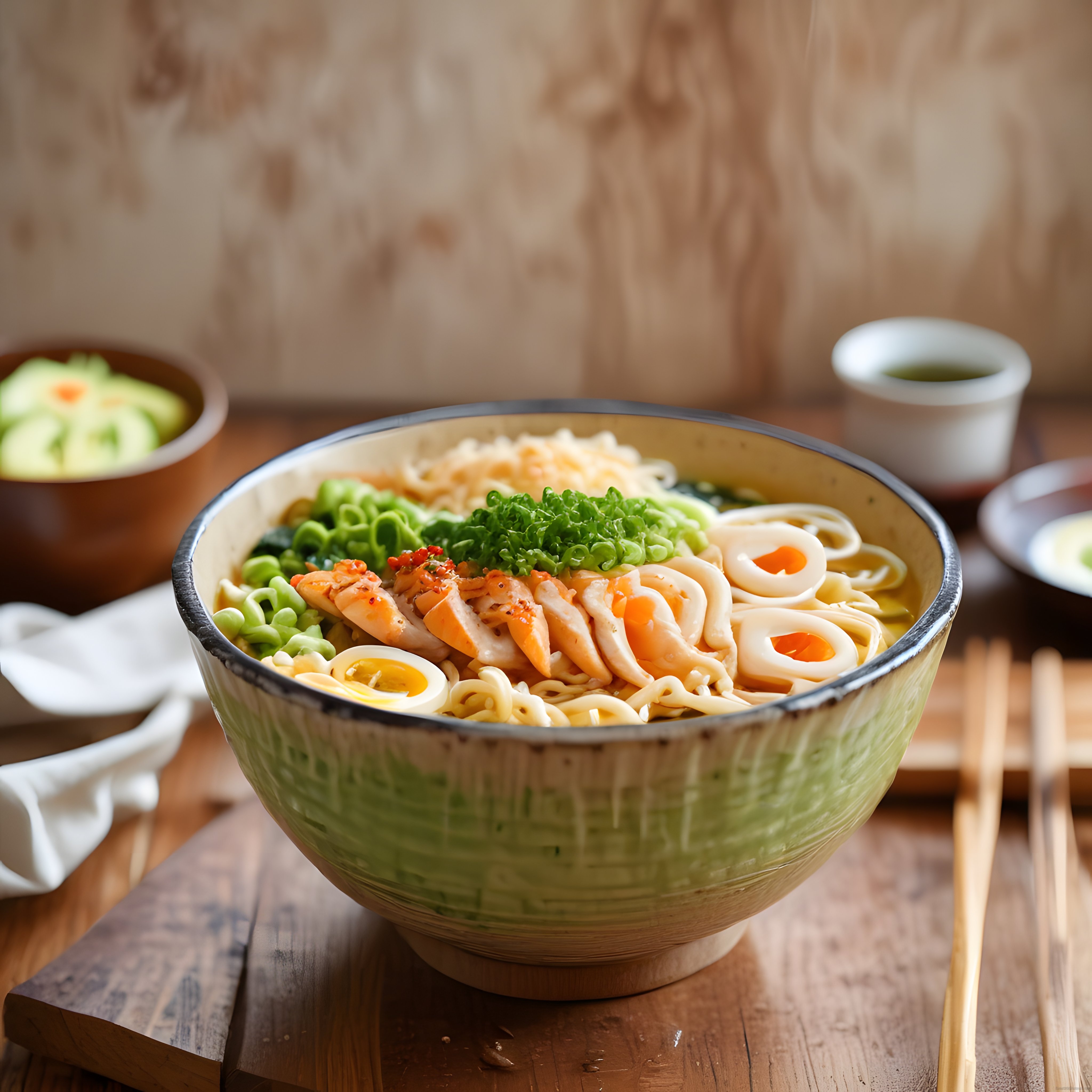 Sıcak Japon Ramen Çorbası: Yumurta Tavuk ve Yeşil Soğanlı Sunum