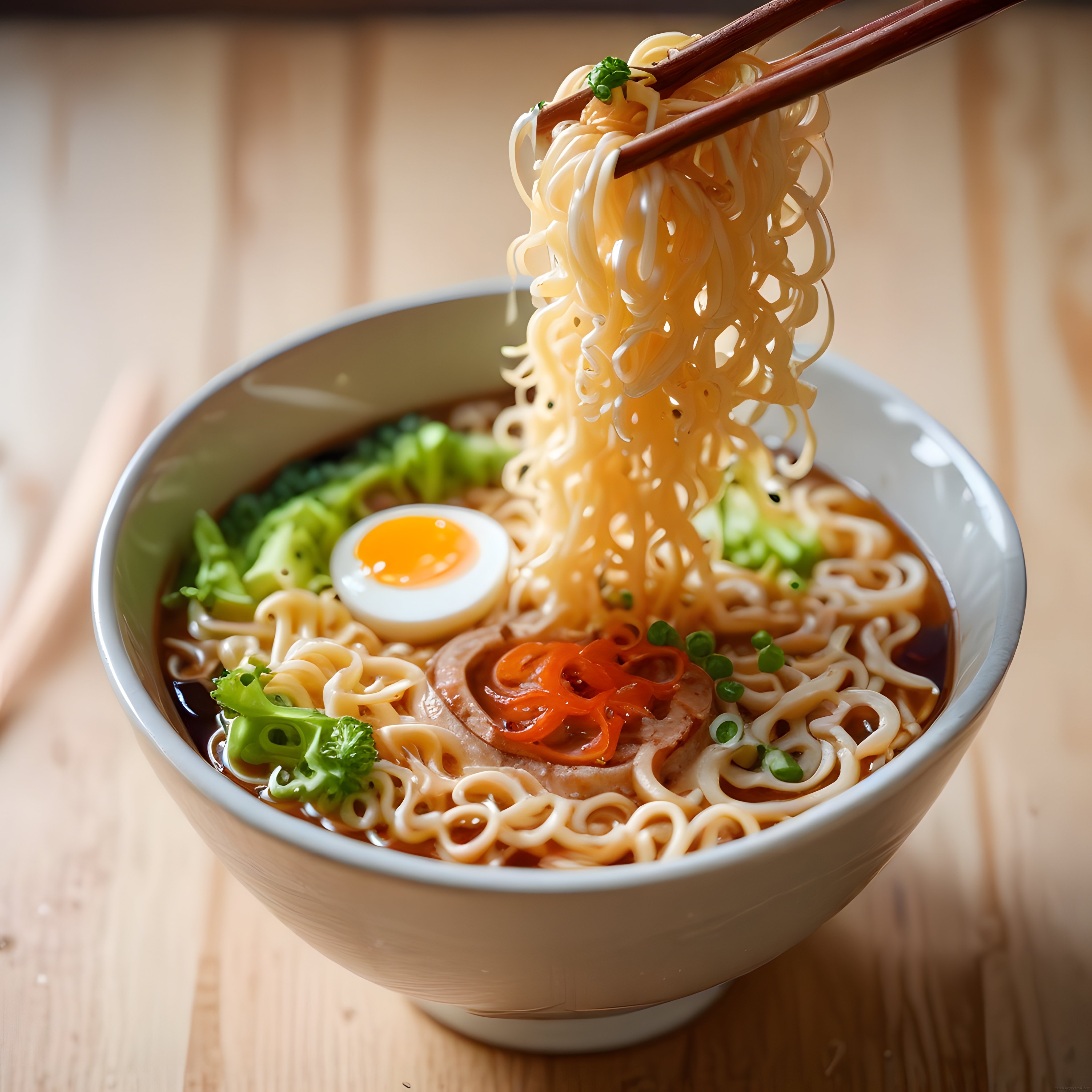 Sıcak Japon Ramen Kasesi: Chopstick ile Kaldırılan Erişteler, Yumurta ve Brokoli