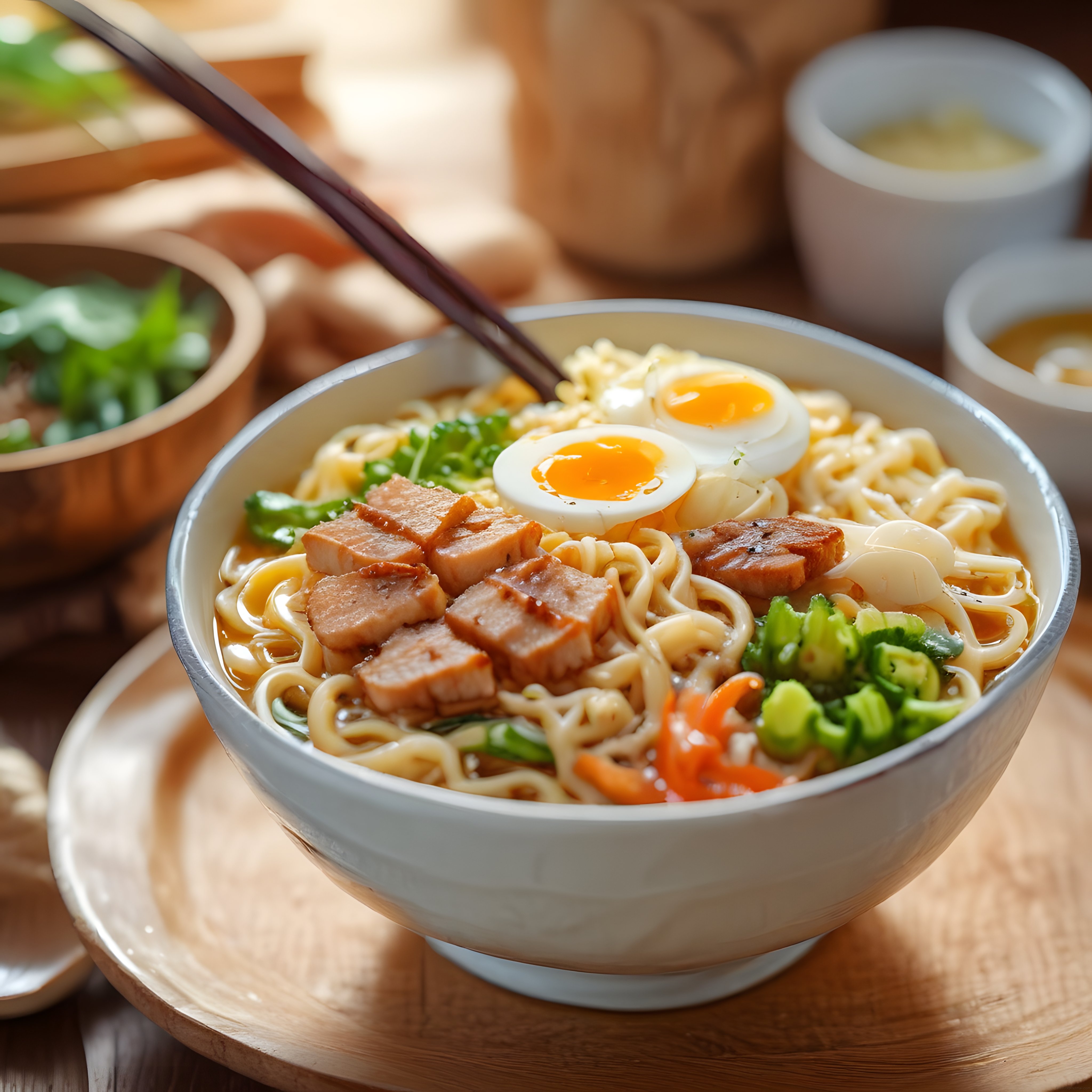 Sıcak Japon Ramen Kasesi: Yumurtalı ve Etli Geleneksel Asya Erişte Çorbası