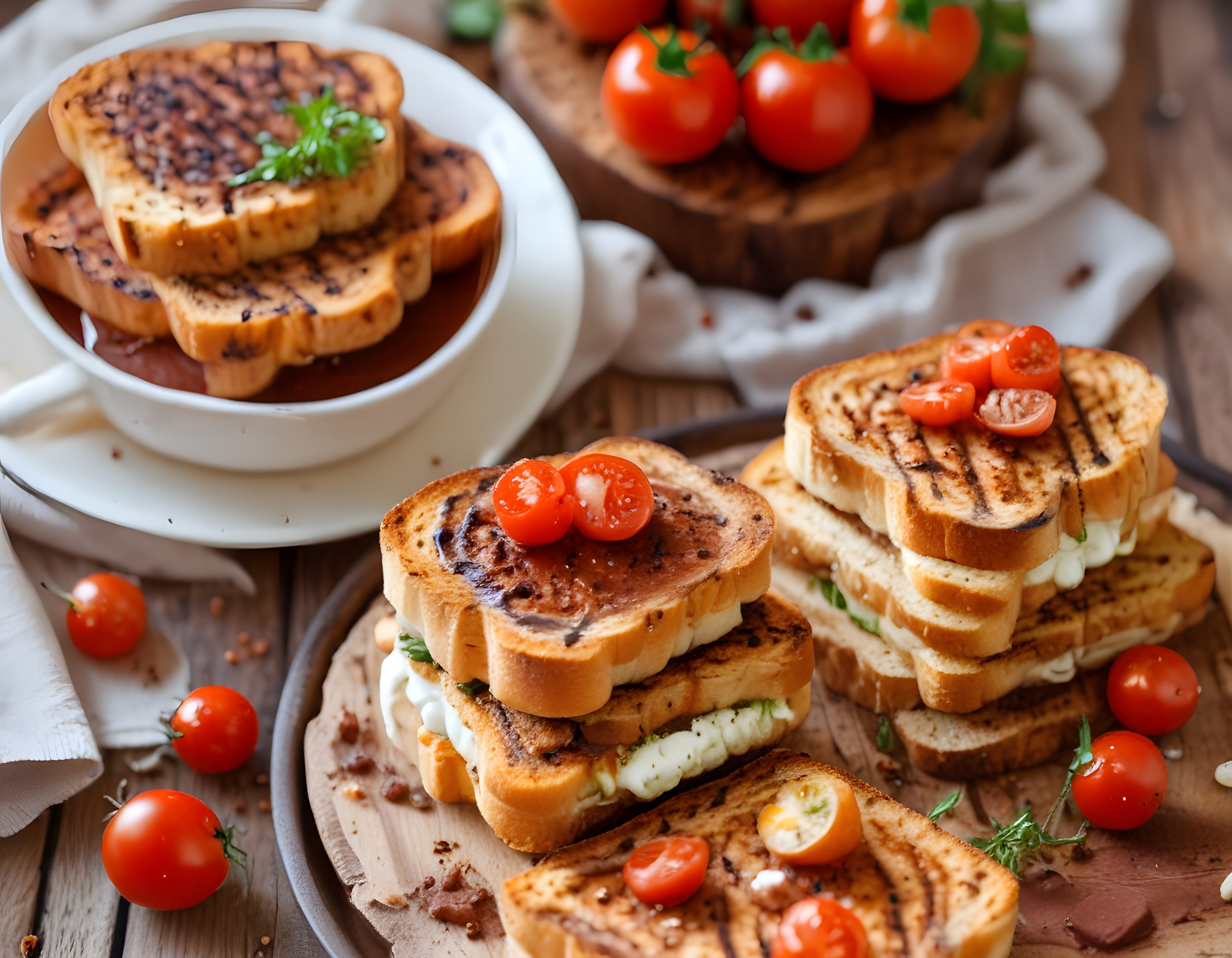 Sıcak Kahvaltı Tostları ve Taze Domateslerle Hazırlanmış Rustik Brunch Masası