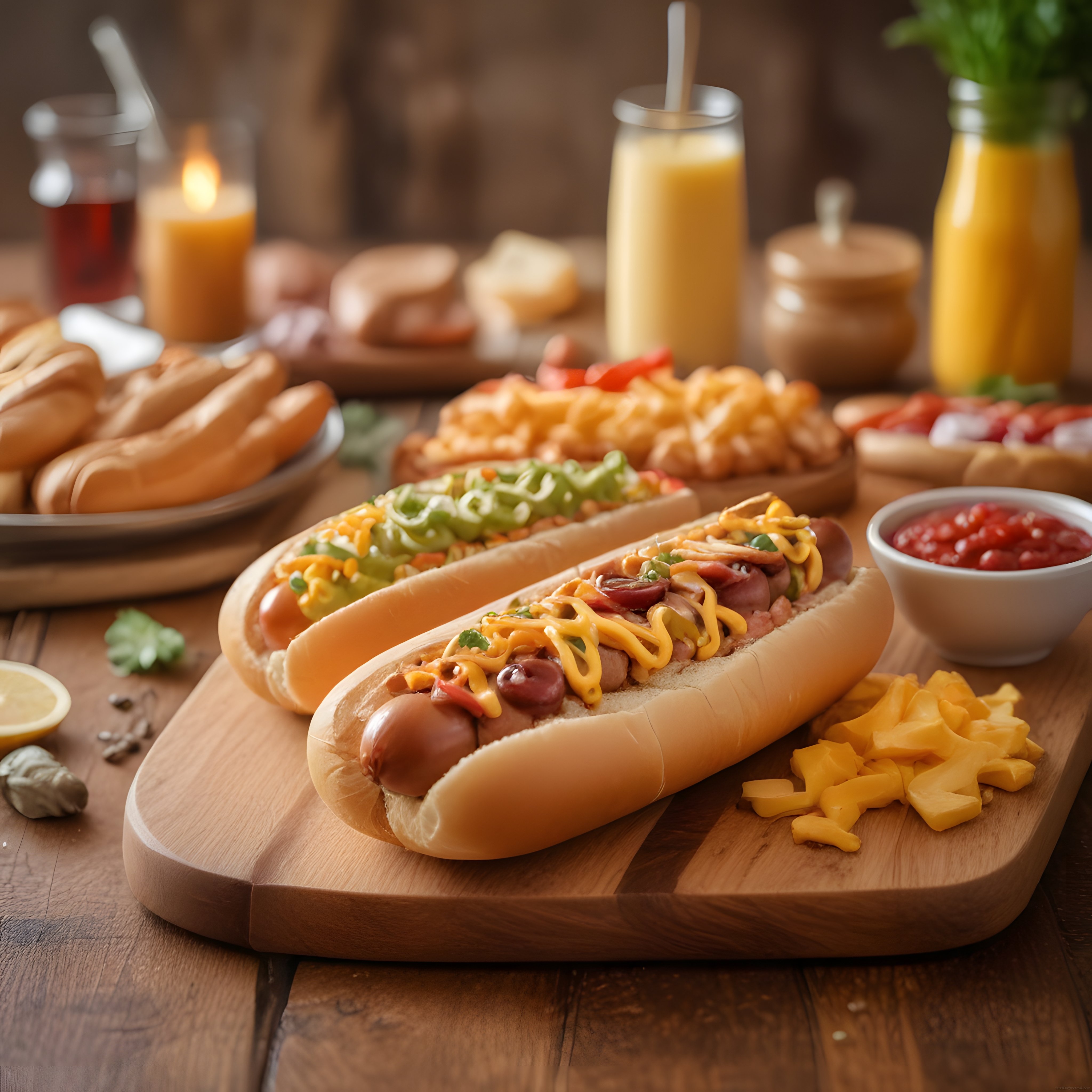 Sıcak Mum Işığında Ahşap Masada Soslu Hotdog ve Patatesli Atıştırmalık Sunumu