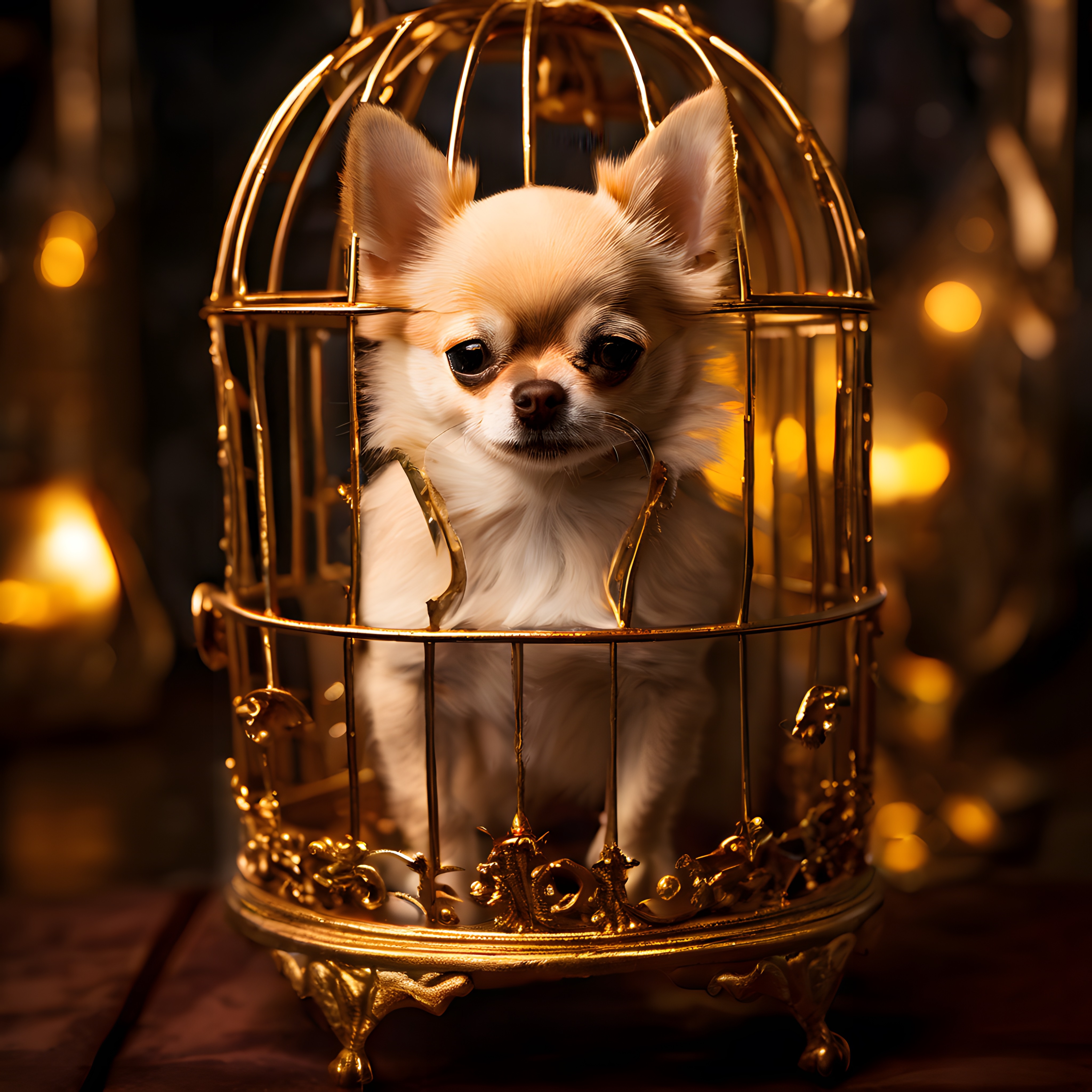 Sıcak Mum Işığında Altın Kafese Hapsolmuş Masum Chihuahua Köpeği
